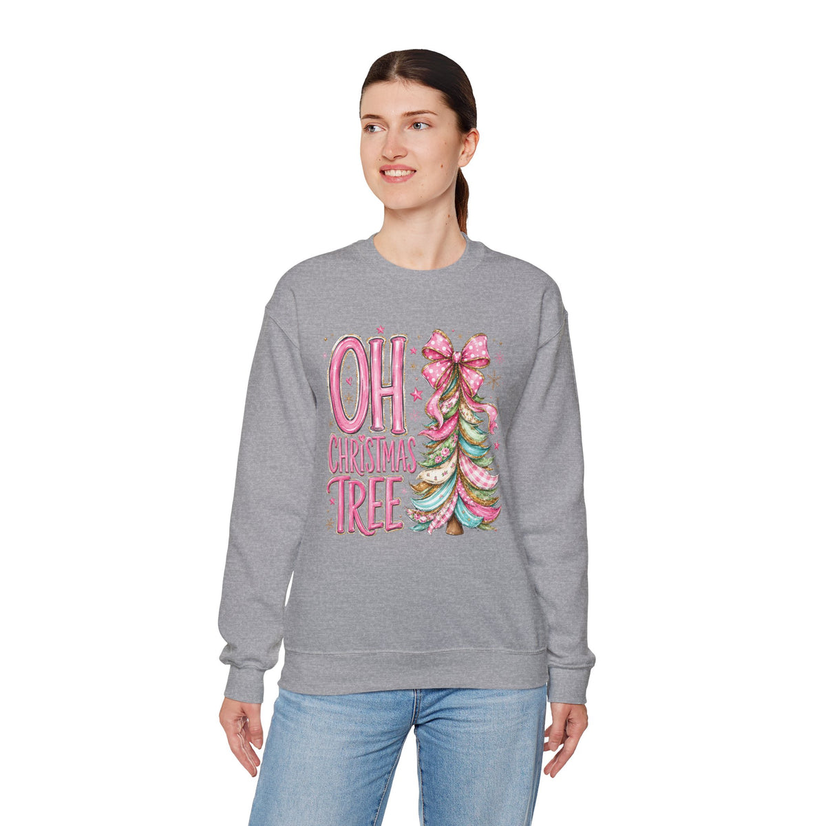 Oh Christmas Tree Sweatshirt | Pink Bow Christmas Crewneck for Women | Girly Holiday Graphic Sweatshirt