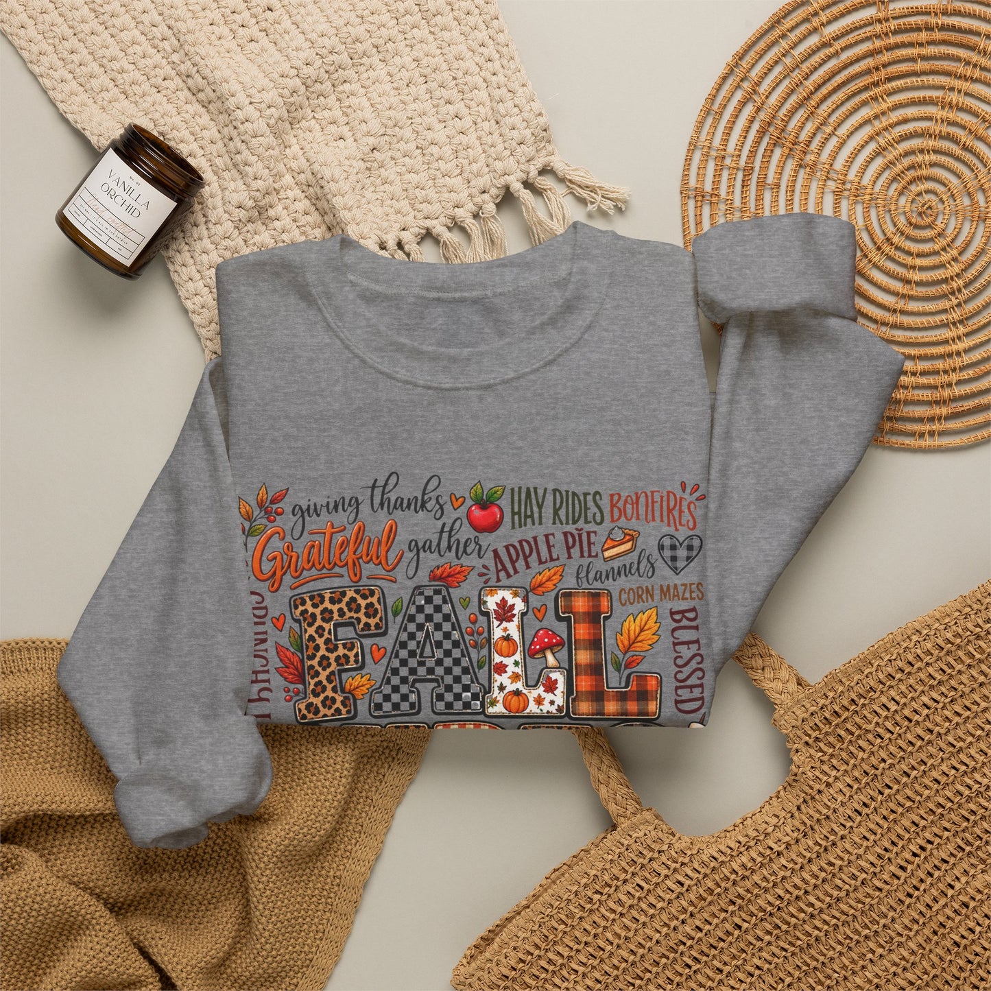 Fall Vibes Crewneck Sweatshirt — Autumn Leaves, Pumpkins & Cozy Plaid Design