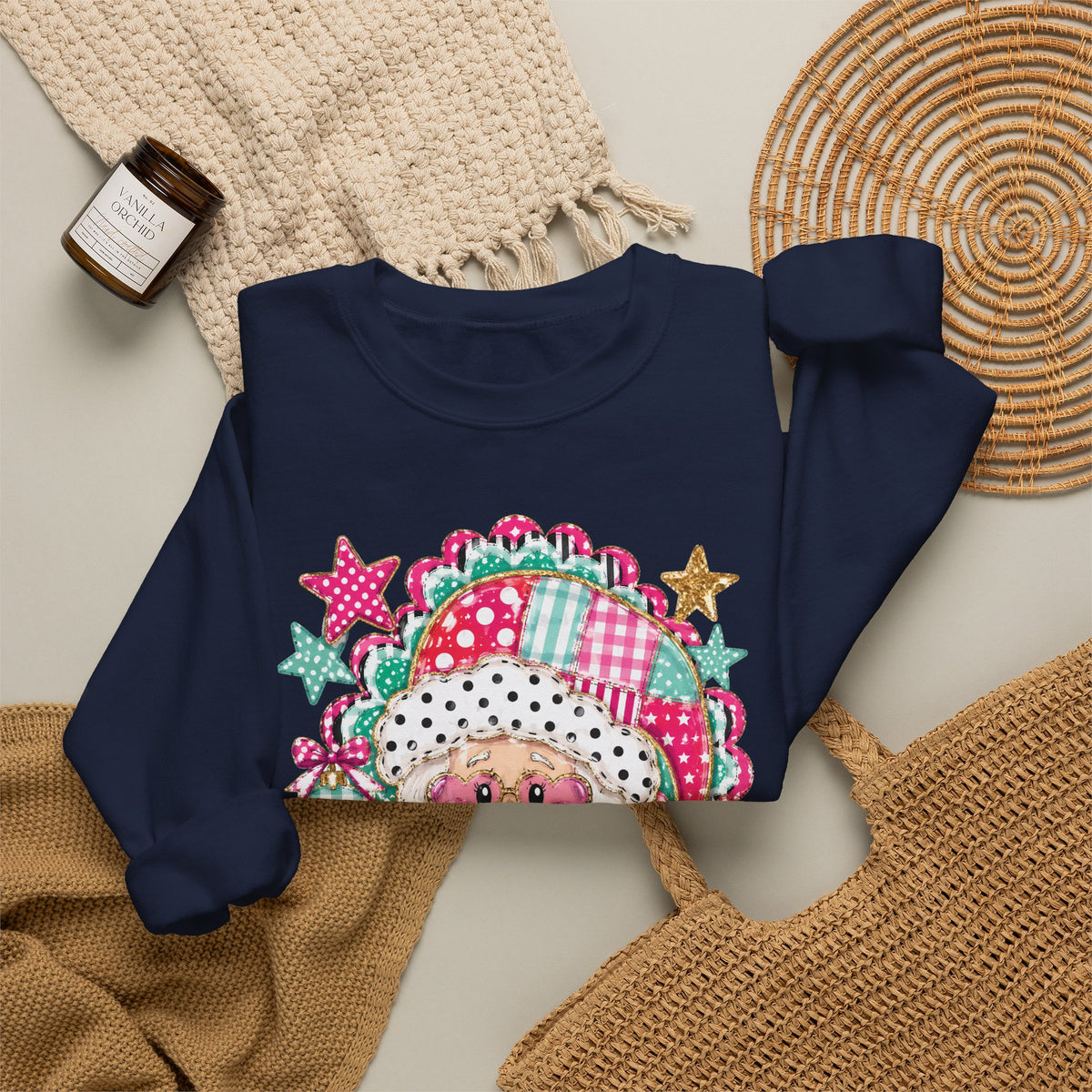Pink Patchwork Santa Sweatshirt — Cute Christmas Crewneck for Women & Kids