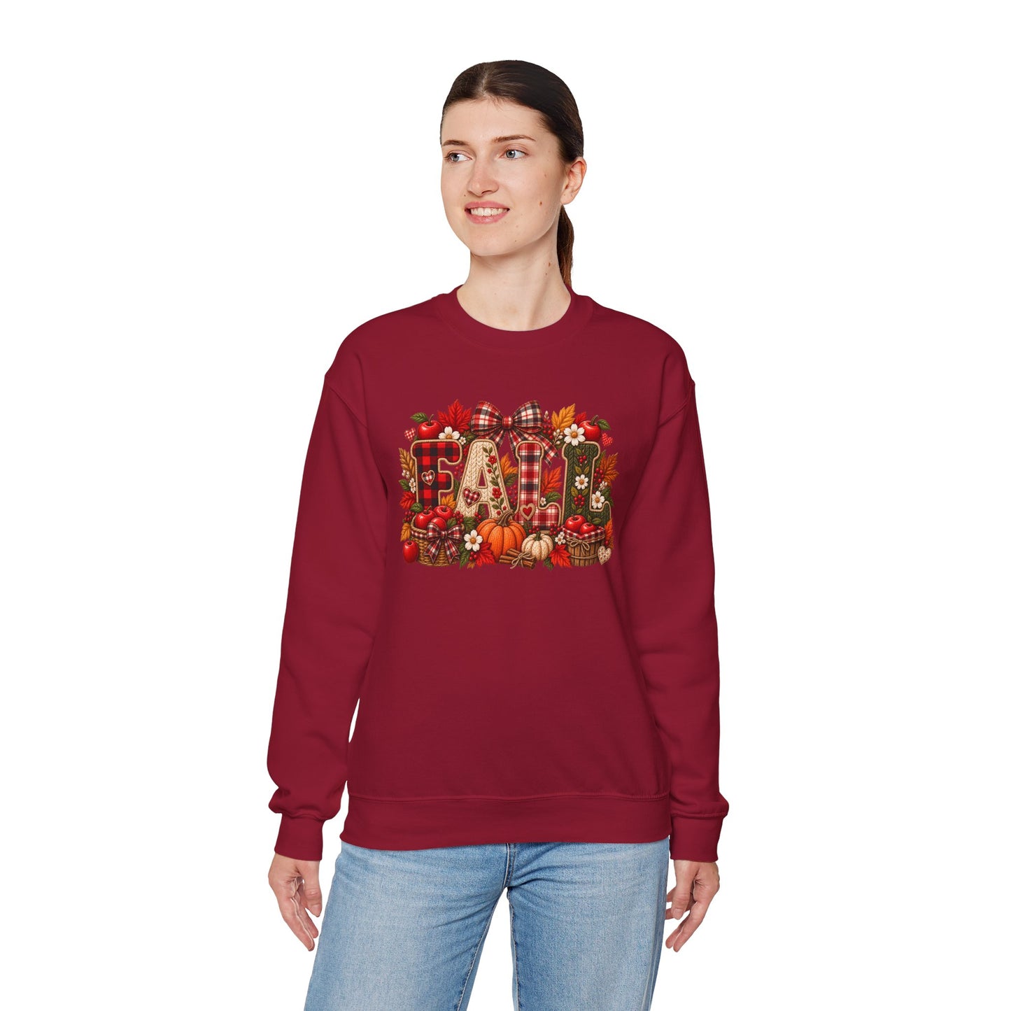 Fall Farmhouse Crewneck Sweatshirt — Pumpkin, Plaid & Autumn Decor Graphic