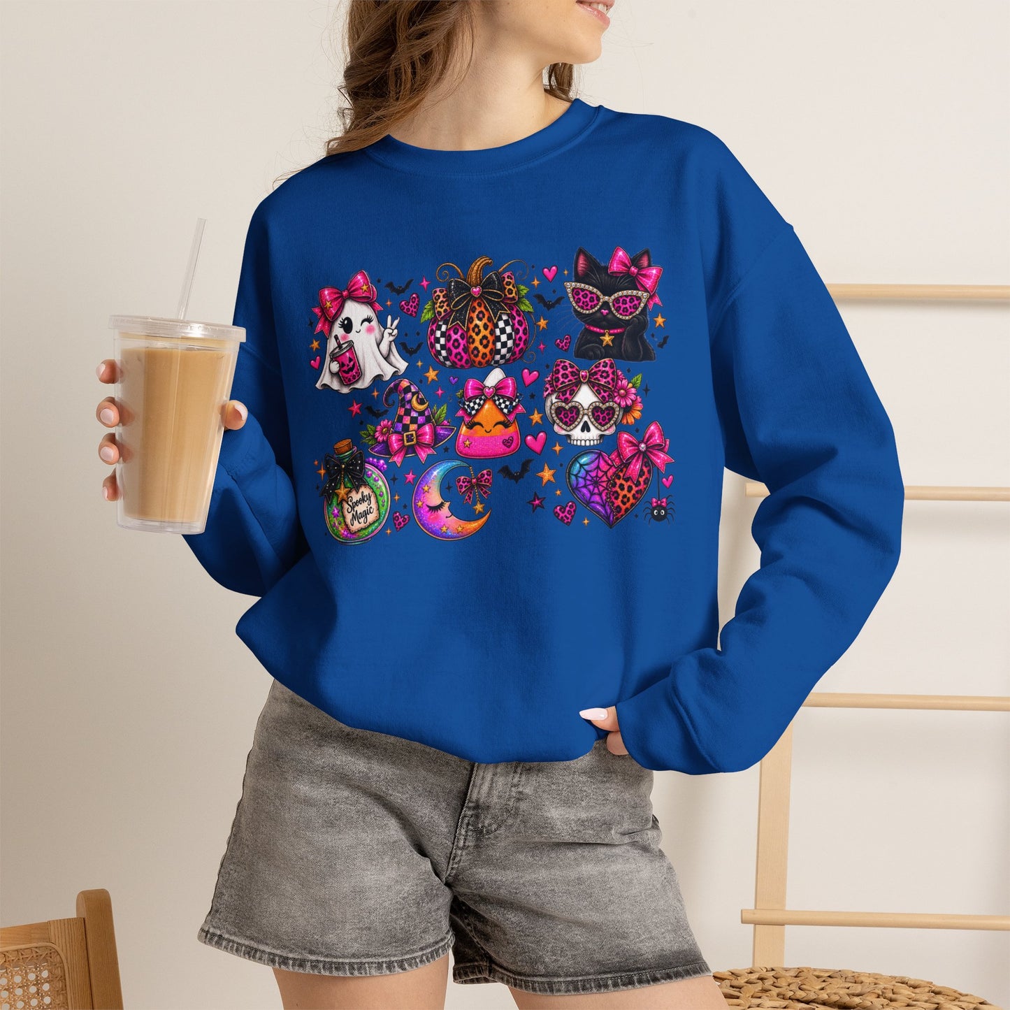 Halloween Cat & Pumpkin Crewneck Sweatshirt — Colorful Spooky Cute Design