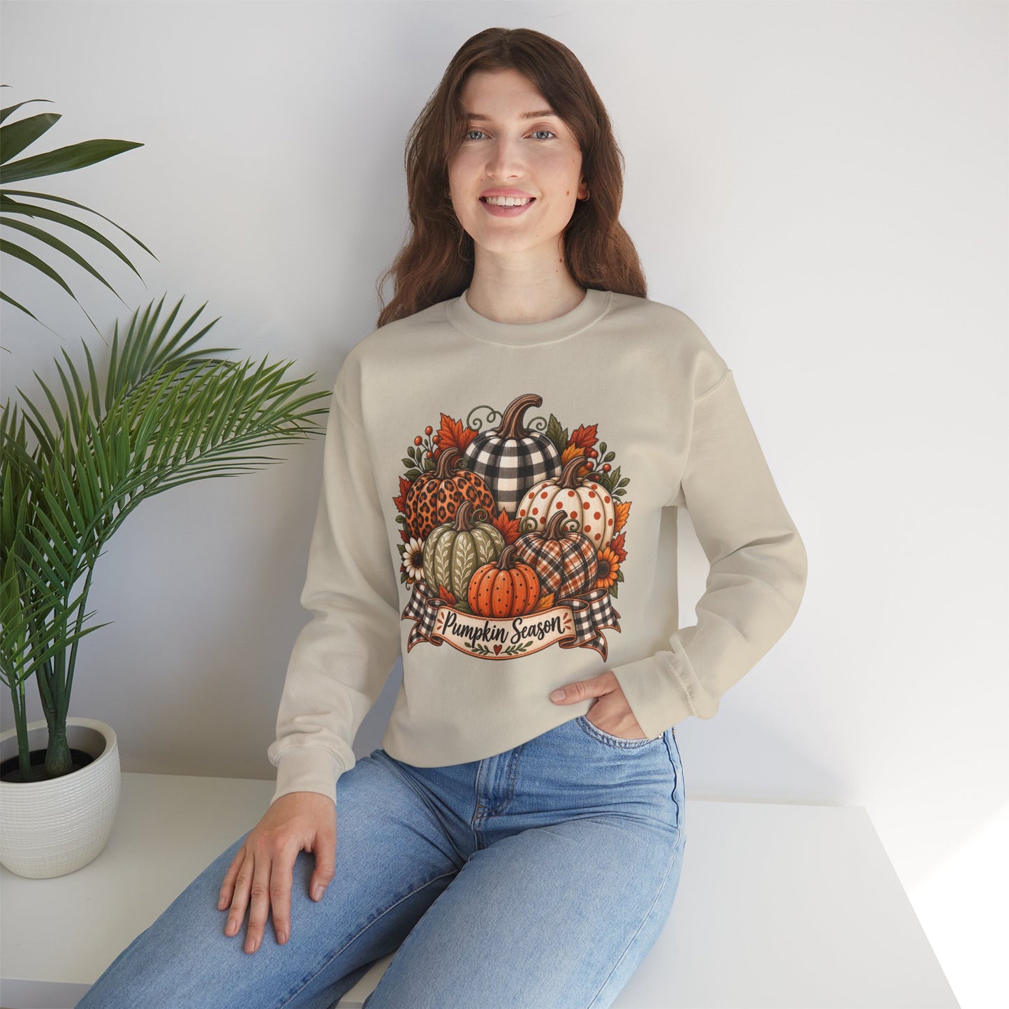 Pumpkin Season Fall Sweatshirt — Plaid & Floral Autumn Pumpkins Crewneck