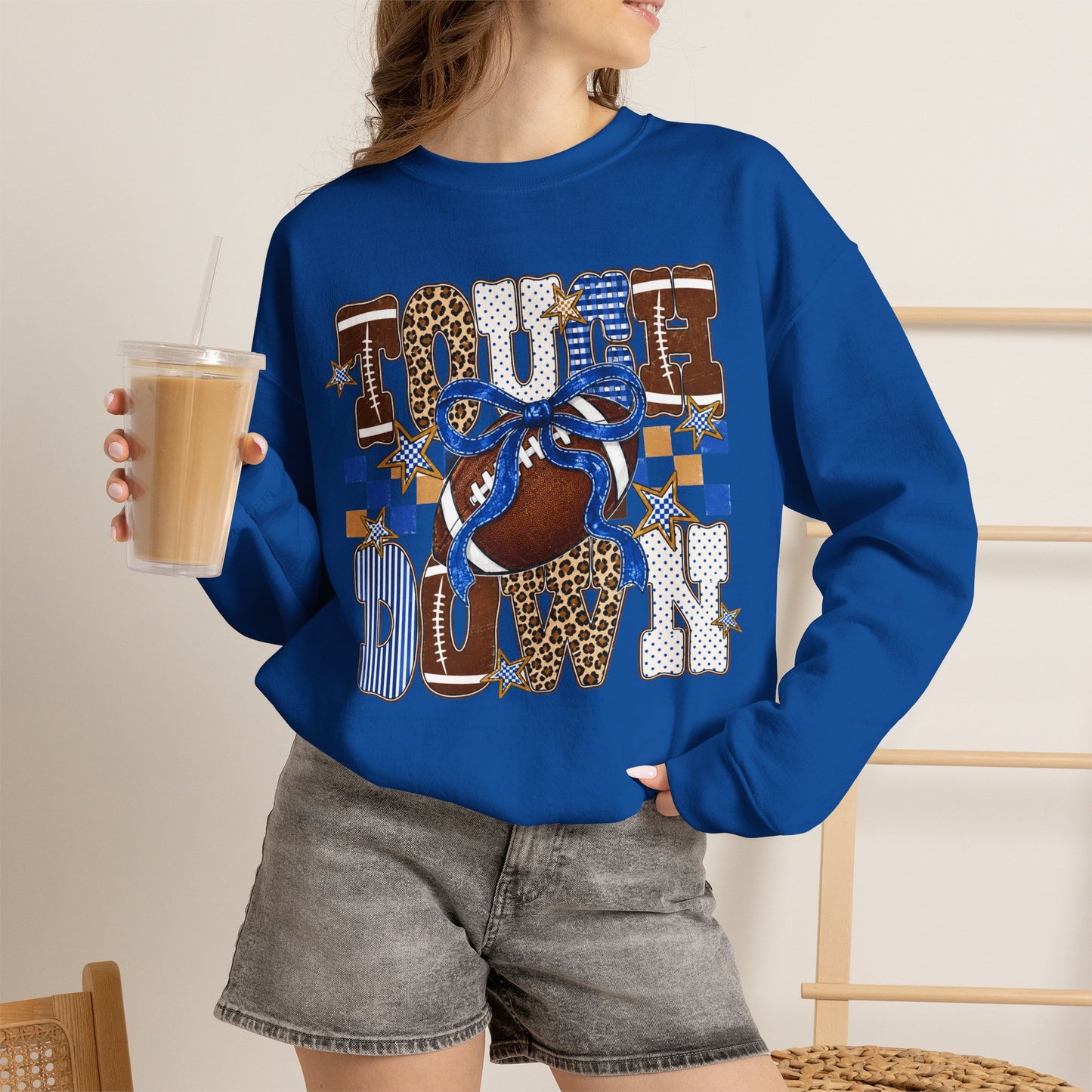 Touchdown Football Crewneck Sweatshirt — Blue & Leopard Print Game Day Pullover