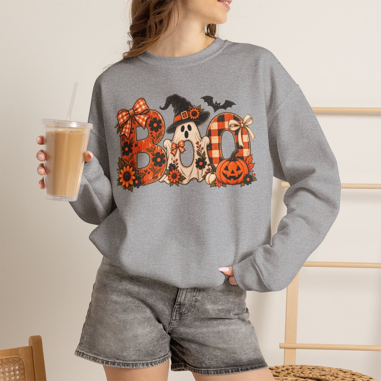 Halloween "Boo" Crewneck Sweatshirt — Cute Pumpkin & Ghost Fall Pullover