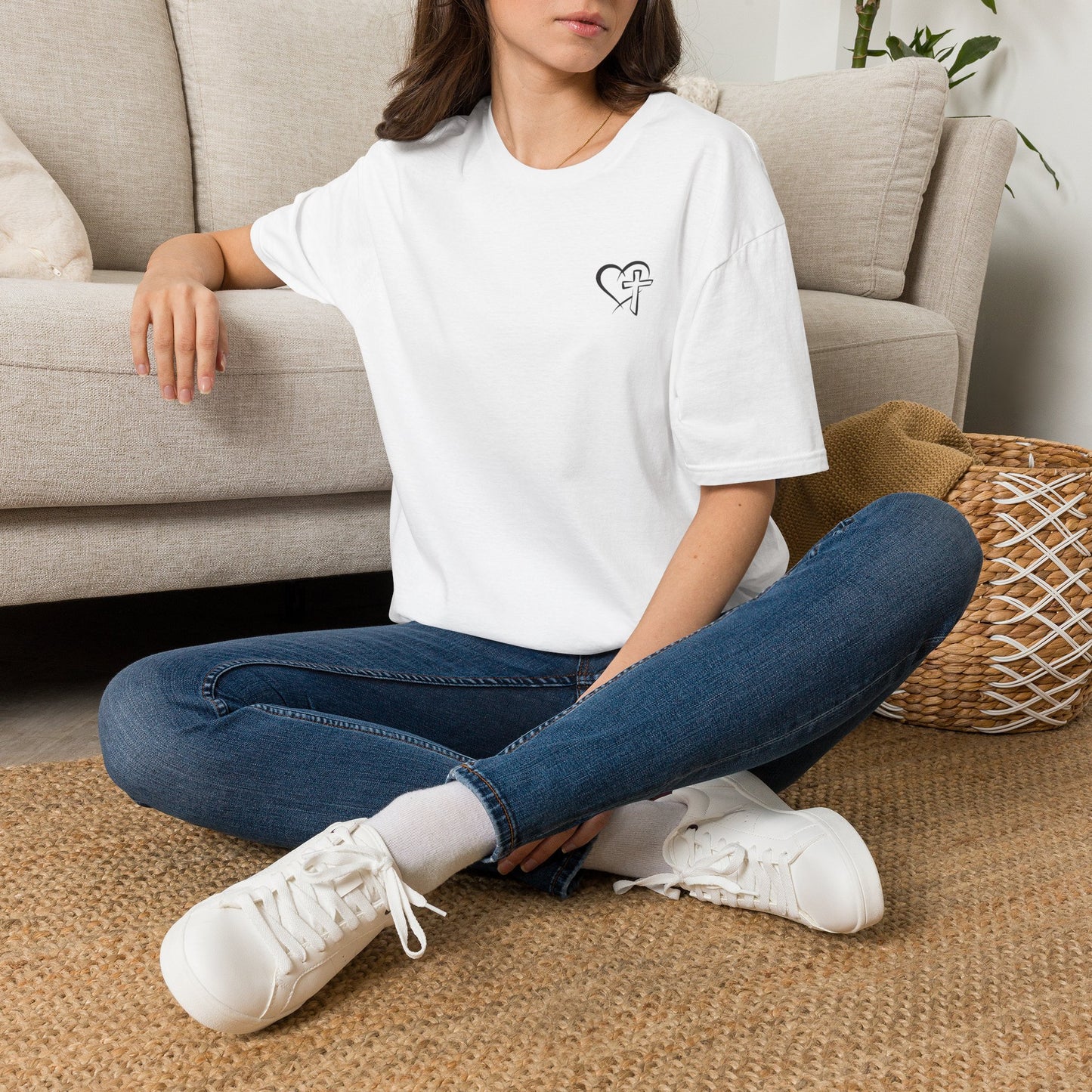 Heart & Cross Minimalist Tee — Small Chest Faith Graphic