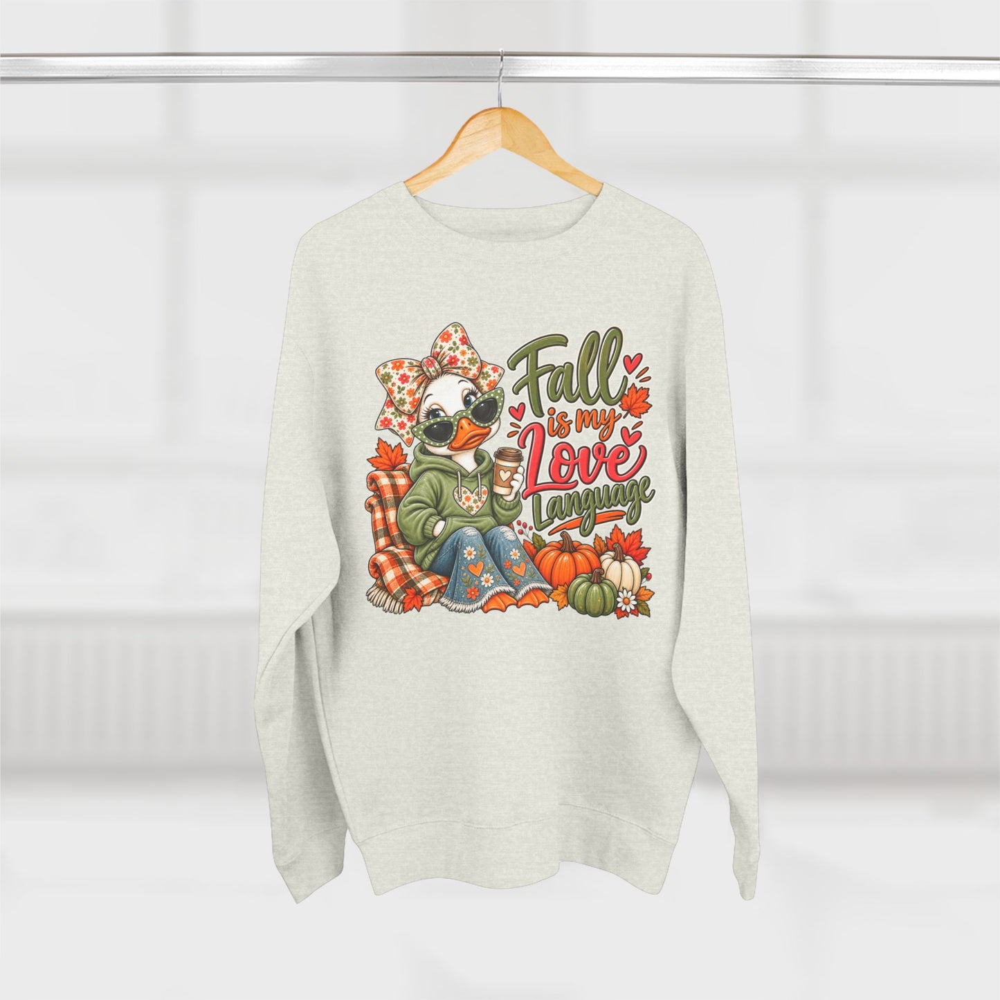 Fall Is My Love Language Sweatshirt — Cozy Autumn Duck Design with Pumpkins