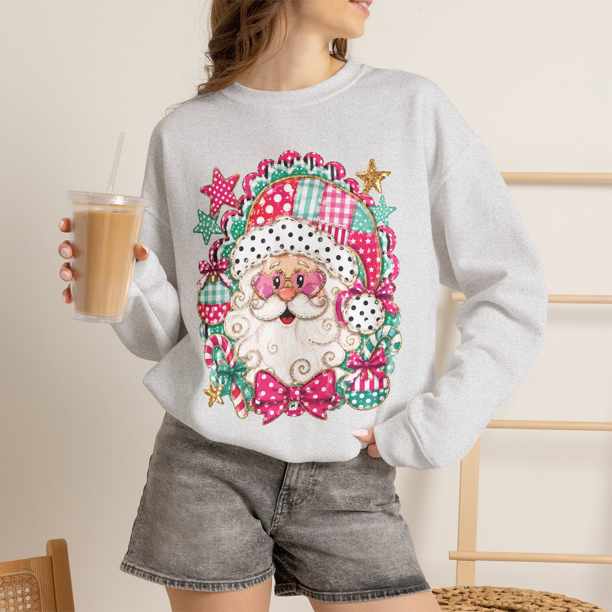 Pink Patchwork Santa Sweatshirt — Cute Christmas Crewneck for Women & Kids