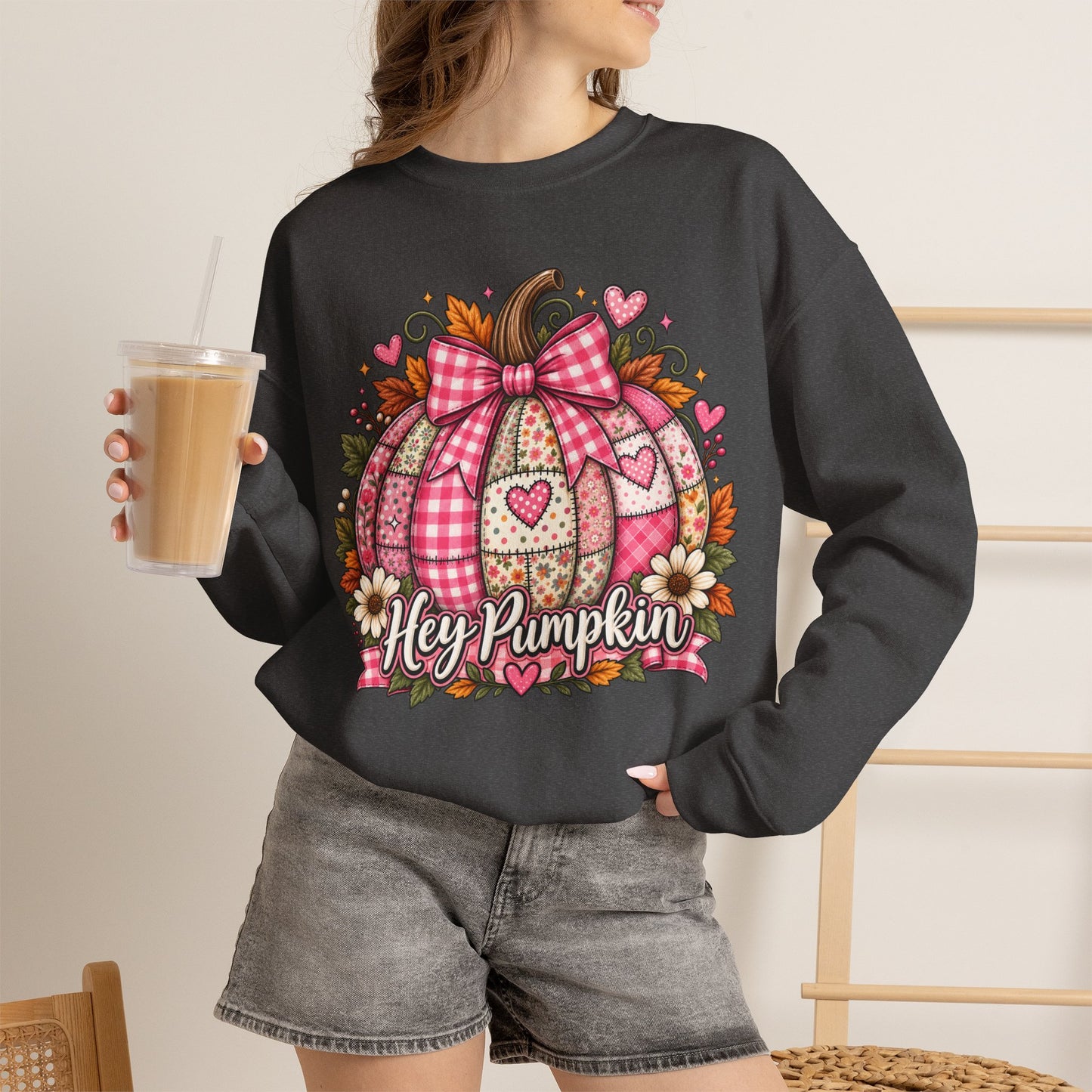 Hey Pumpkin Sweatshirt — Pink Plaid Pumpkin Crewneck for Fall & Valentine’s