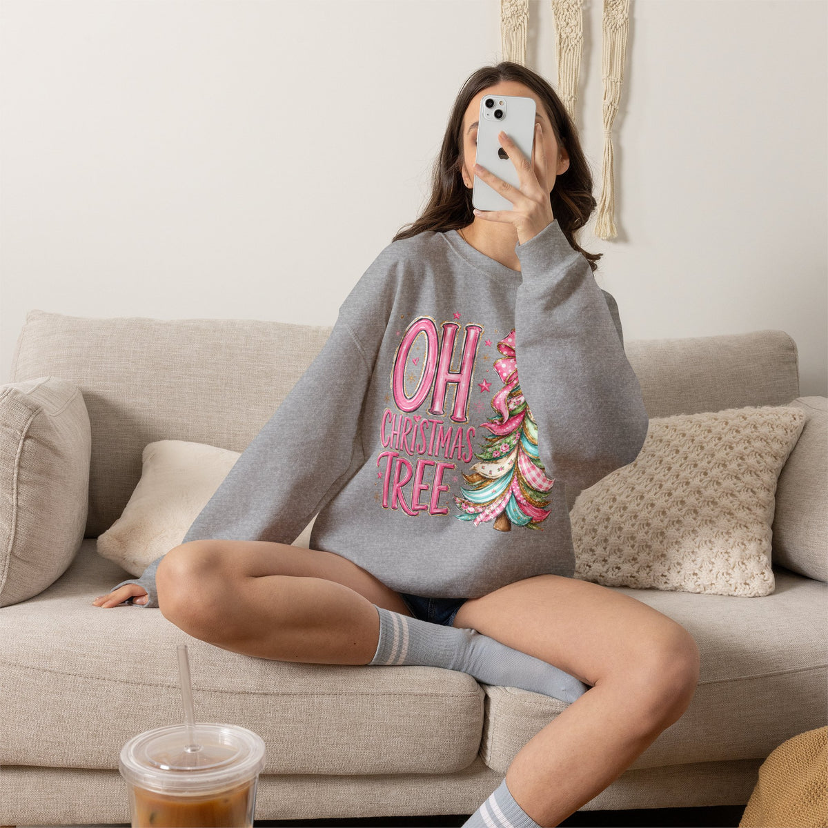 Oh Christmas Tree Sweatshirt | Pink Bow Christmas Crewneck for Women | Girly Holiday Graphic Sweatshirt