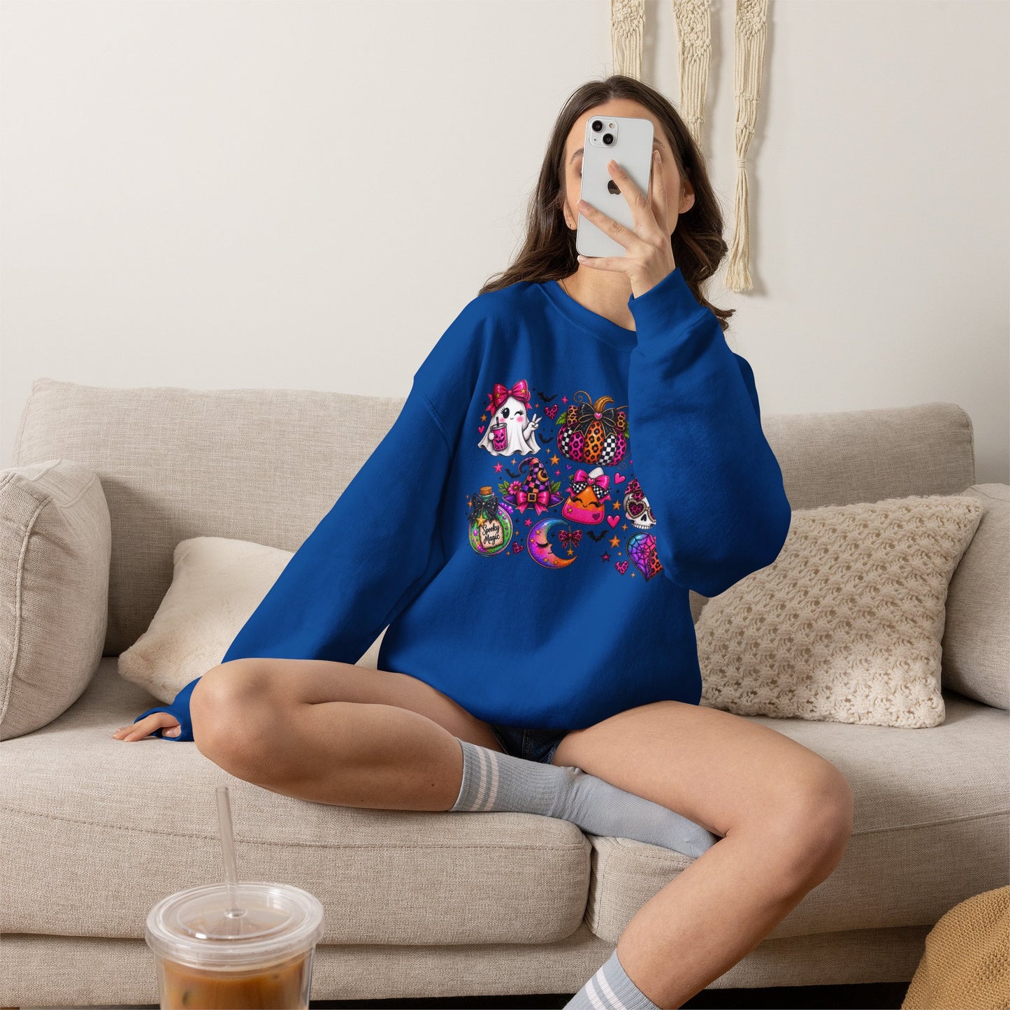 Halloween Cat & Pumpkin Crewneck Sweatshirt — Colorful Spooky Cute Design