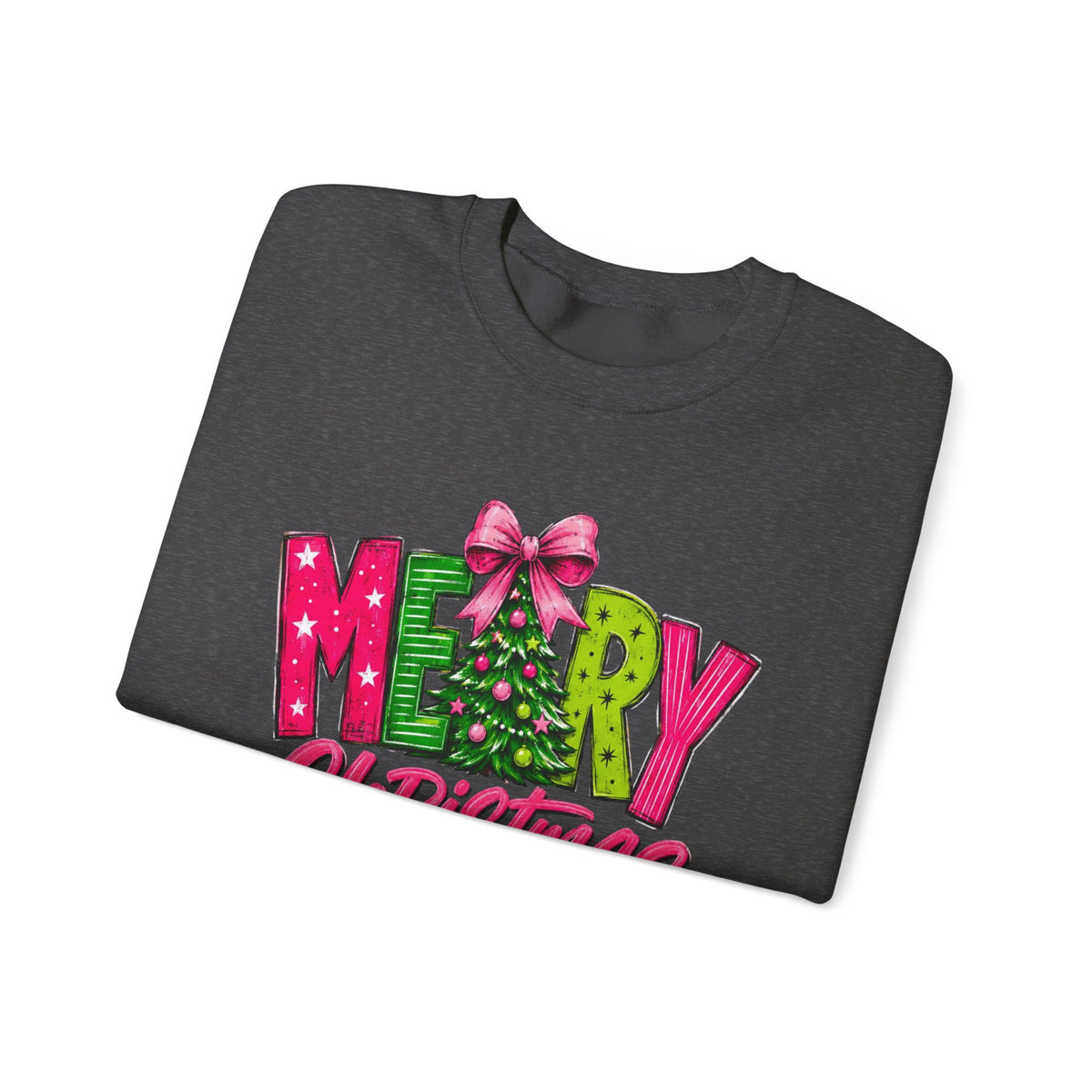 Crewneck Sweatshirt — Merry Christmas Pink & Green Holiday Tree Graphic