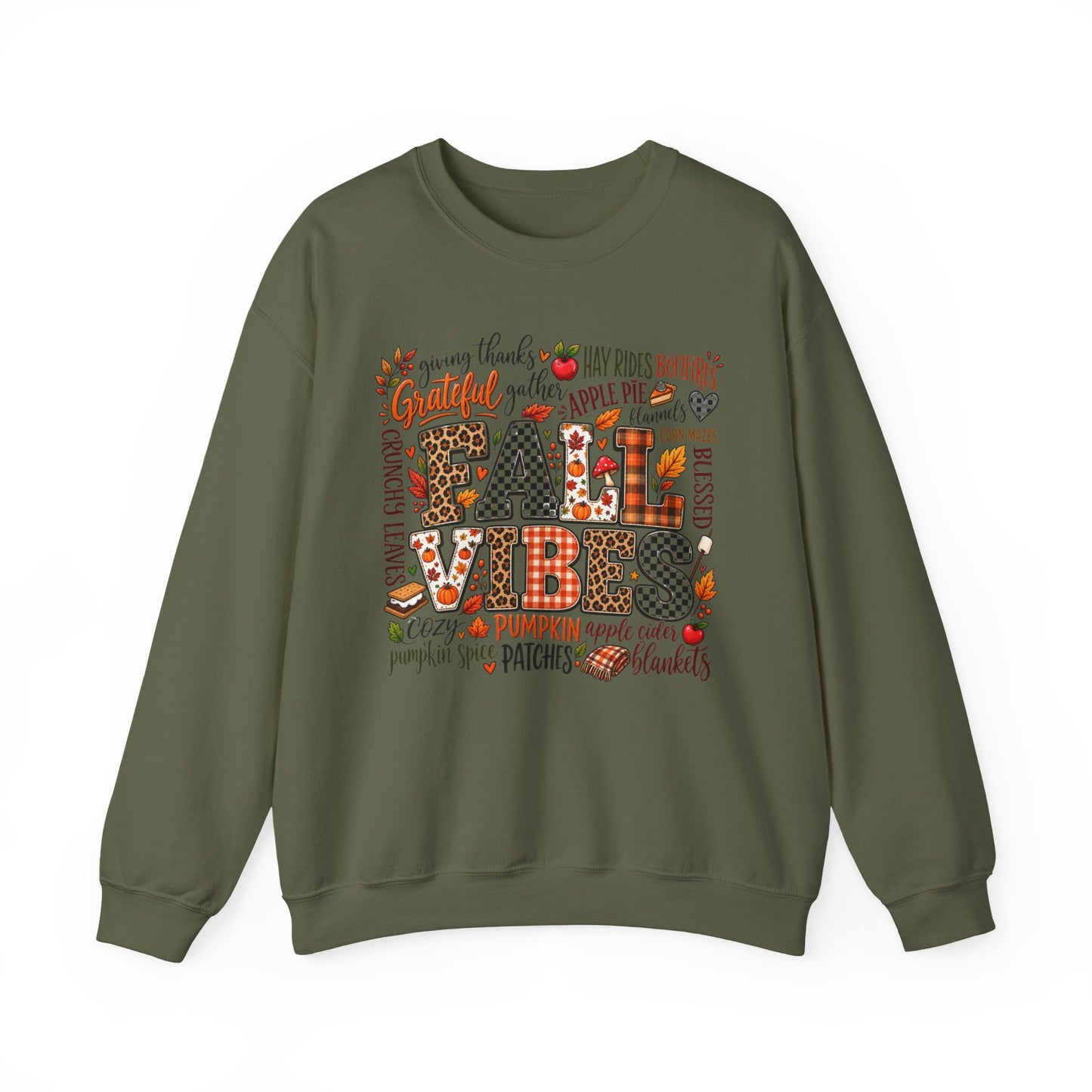 Fall Vibes Crewneck Sweatshirt — Autumn Leaves, Pumpkins & Cozy Plaid Design