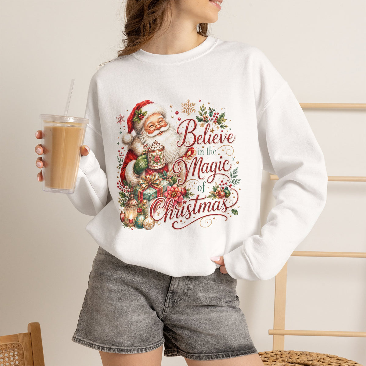 Believe in the Magic of Christmas Sweatshirt | Vintage Santa Christmas Crewneck for Women