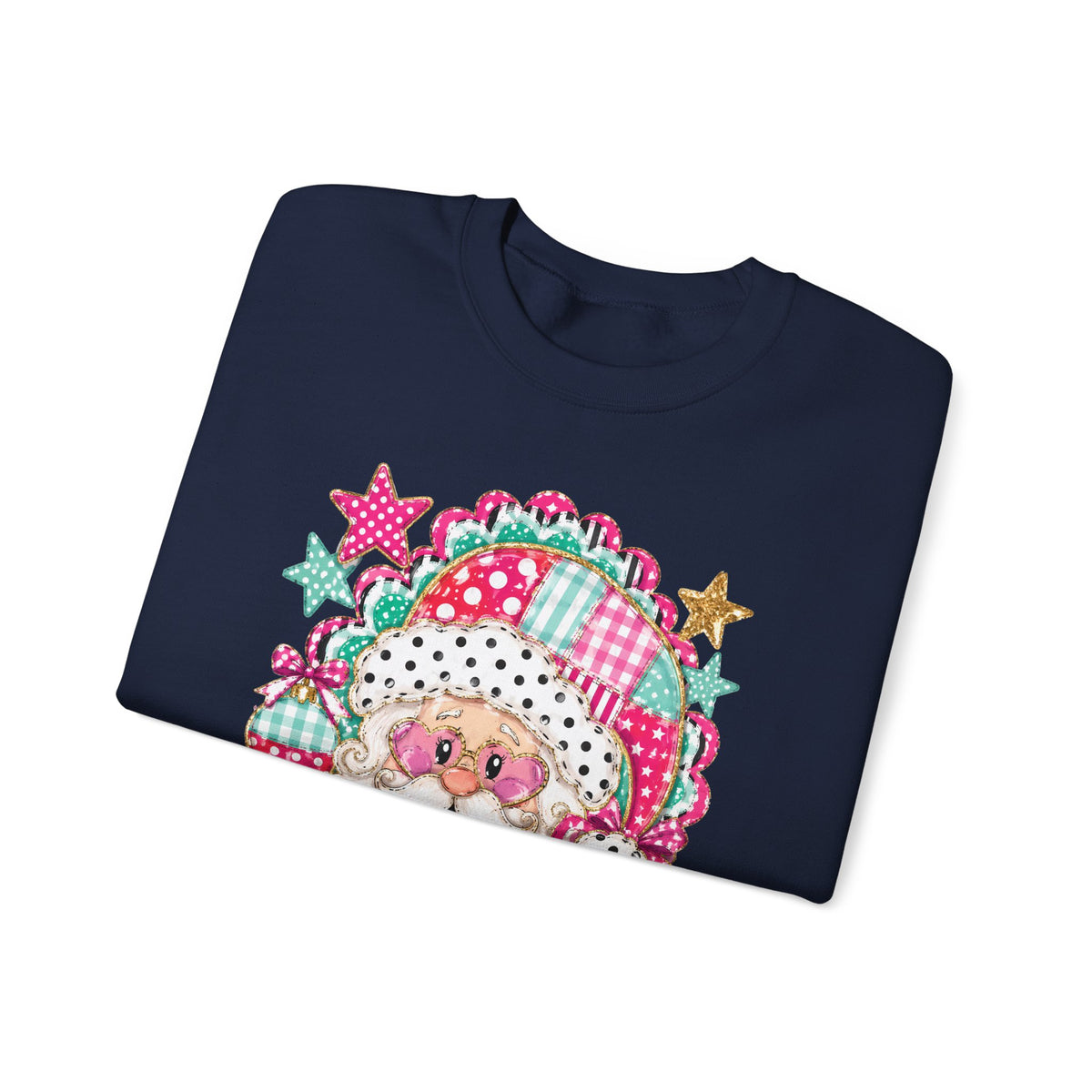 Pink Patchwork Santa Sweatshirt — Cute Christmas Crewneck for Women & Kids
