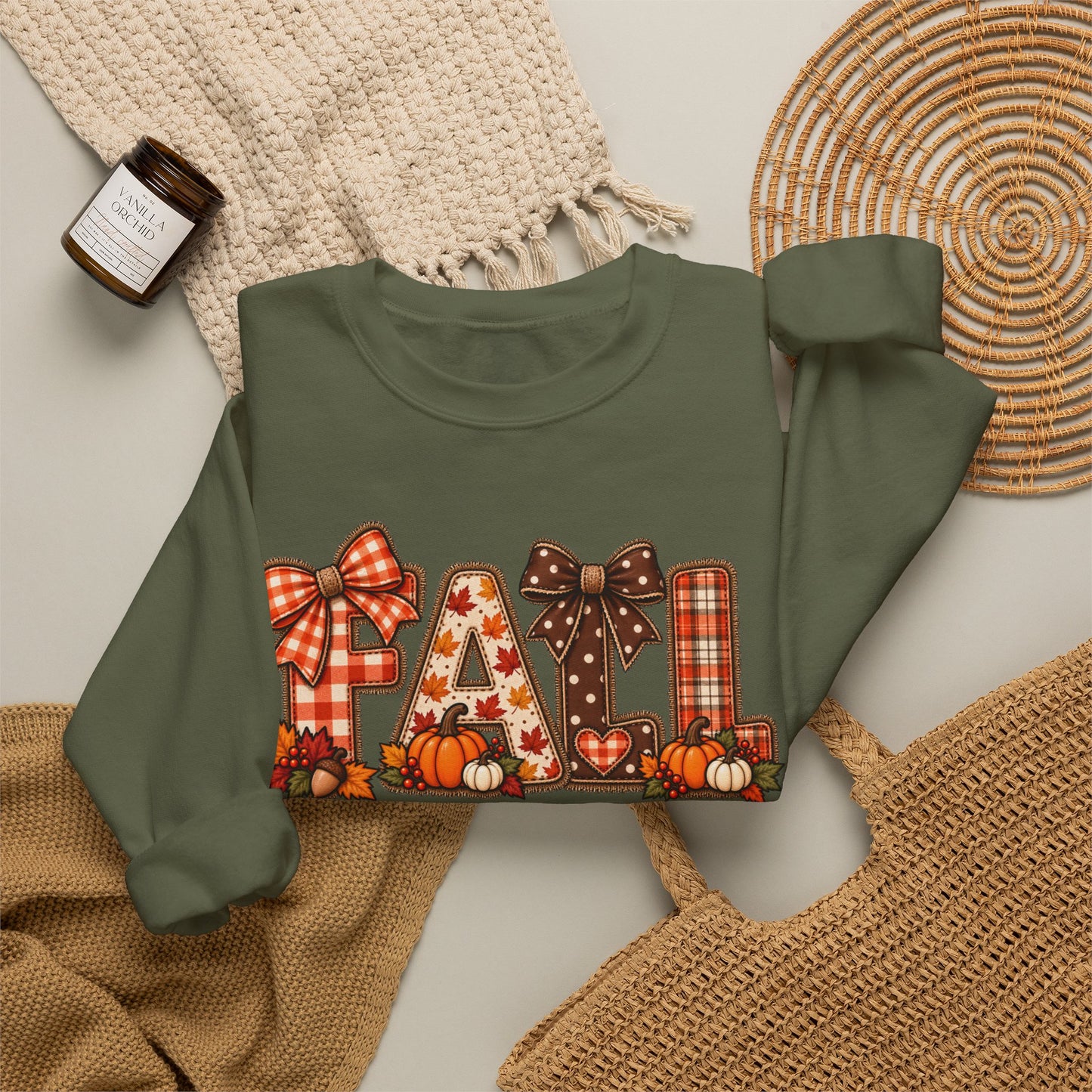 Fall Plaid Crewneck Sweatshirt — Autumn Pumpkins & Bows Design