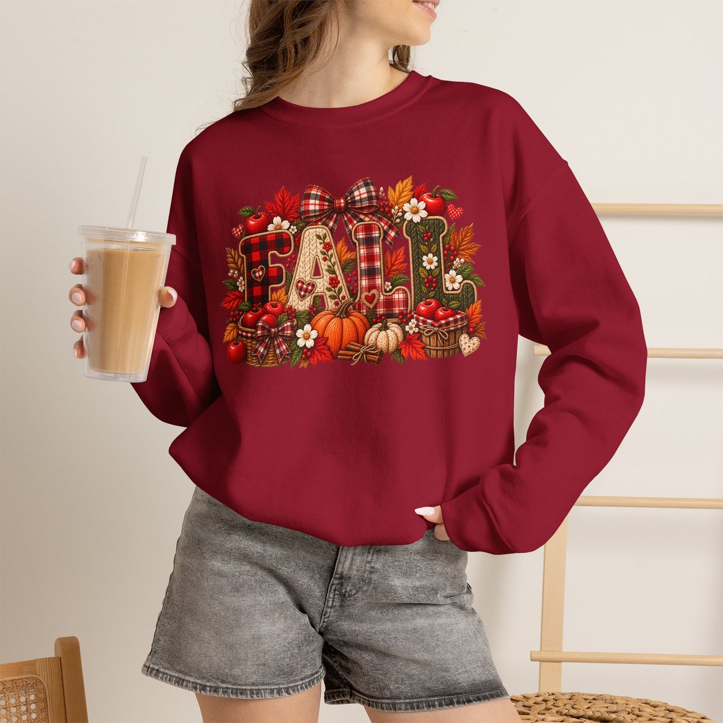 Fall Farmhouse Crewneck Sweatshirt — Pumpkin, Plaid & Autumn Decor Graphic