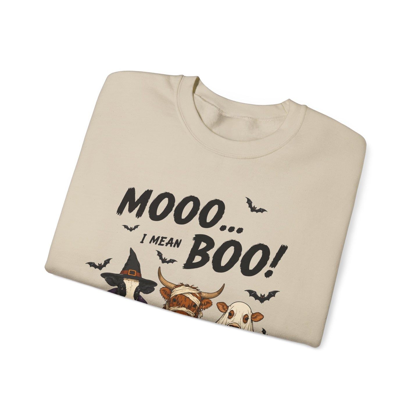 Halloween Cow Crewneck Sweatshirt — "Mooo... I Mean Boo!" Cute Farm Animals Costume Pullover