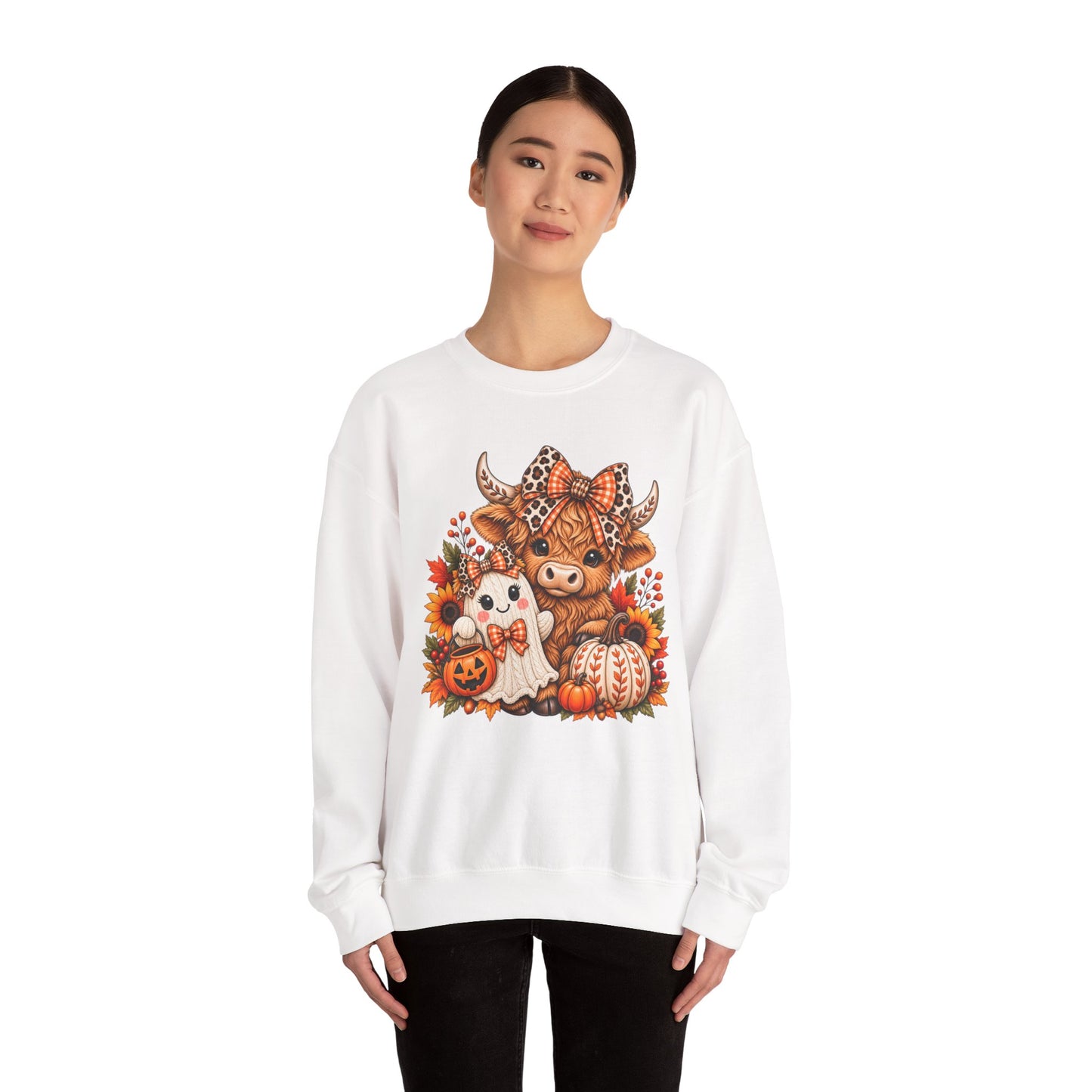 Autumn Highland Cow & Ghost Crewneck Sweatshirt — Cute Halloween Fall Graphic