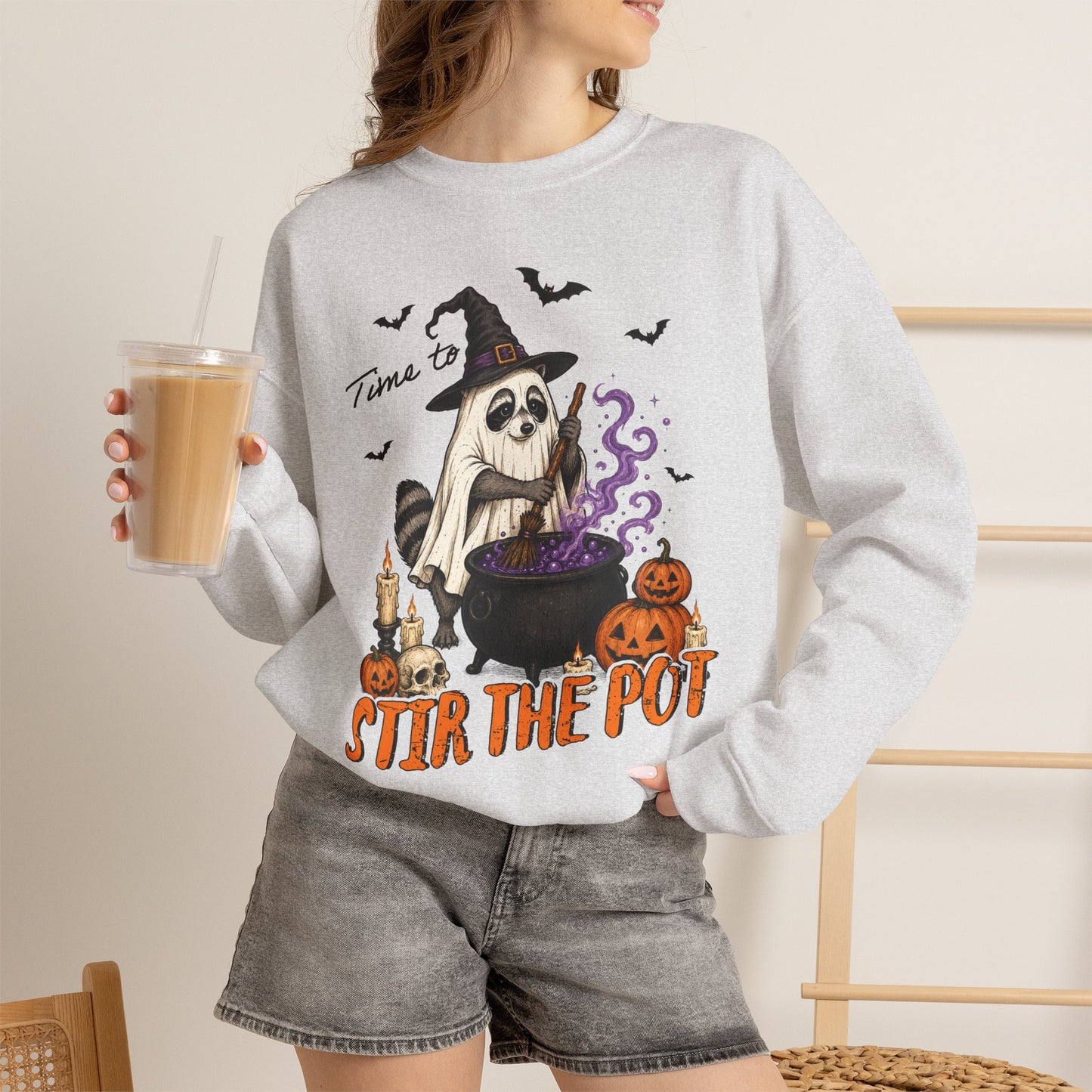 Sweatshirt — "Stir the Pot" Witch Raccoon Halloween Crewneck