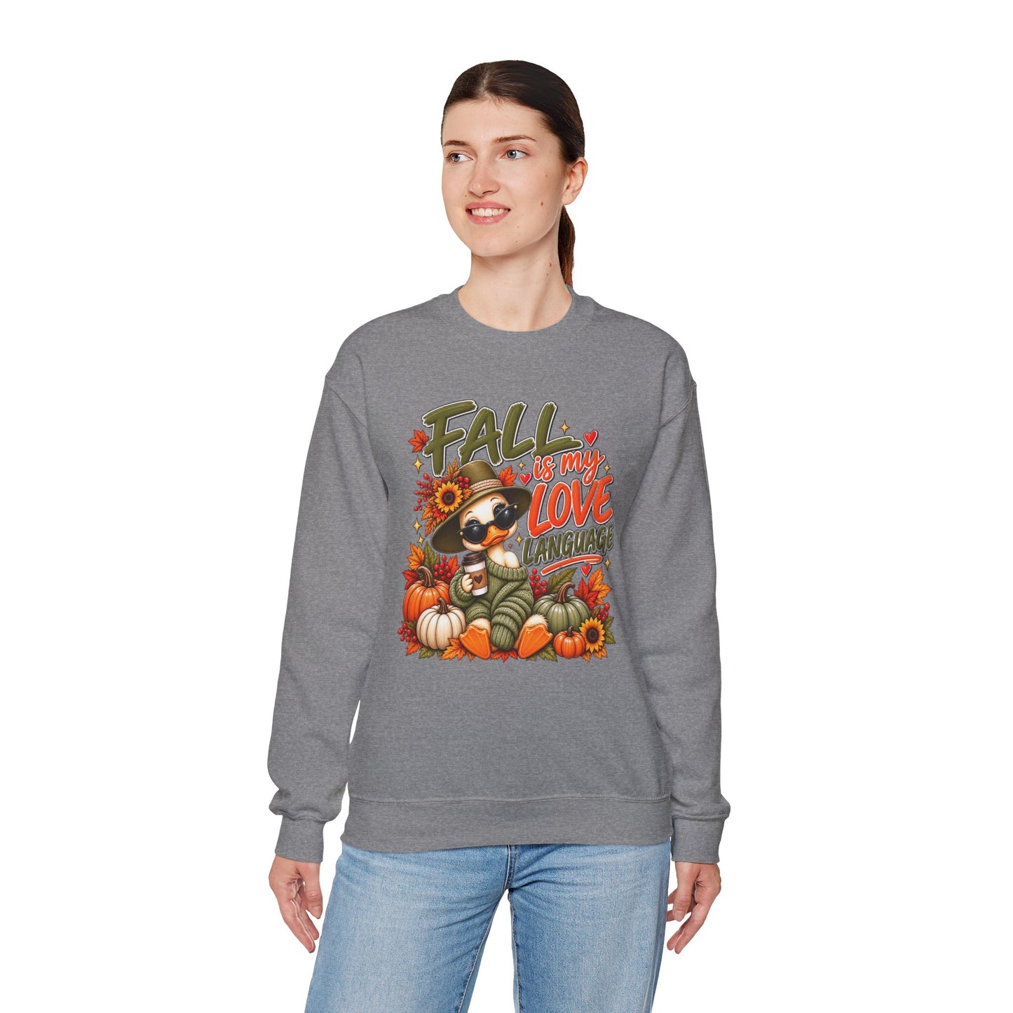 Fall Is My Love Language Sweatshirt — Cute Duck & Pumpkin Autumn Crewneck
