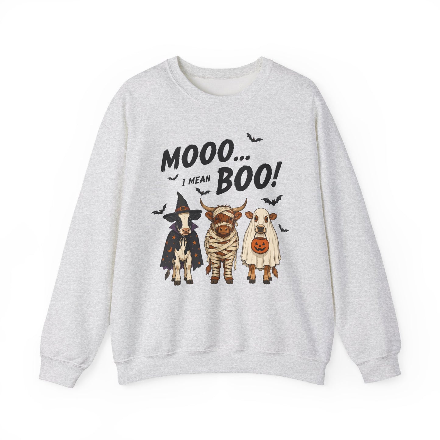 Halloween Cow Crewneck Sweatshirt — "Mooo... I Mean Boo!" Cute Farm Animals Costume Pullover