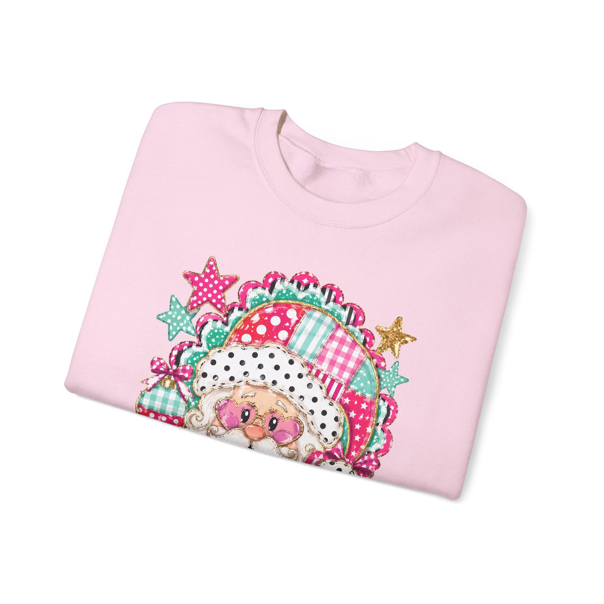 Pink Patchwork Santa Sweatshirt — Cute Christmas Crewneck for Women & Kids