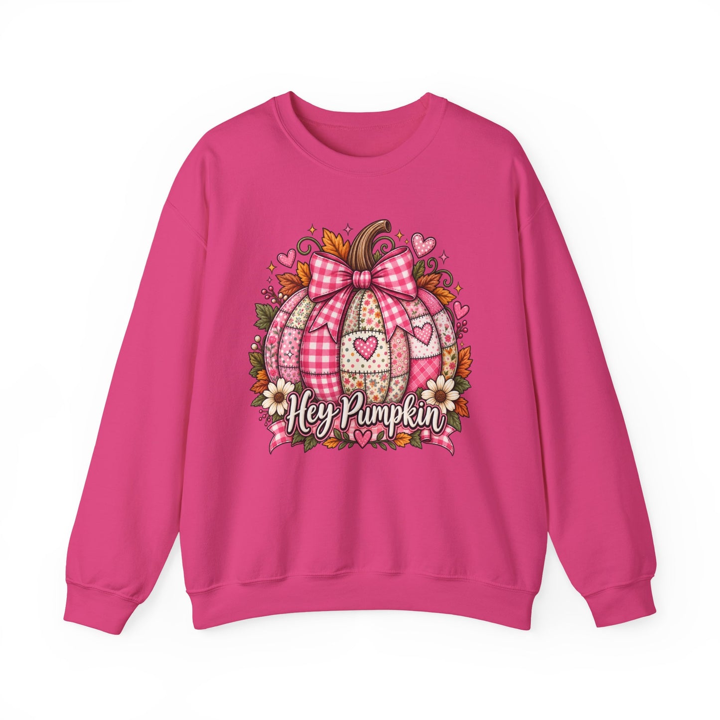 Hey Pumpkin Sweatshirt — Pink Plaid Pumpkin Crewneck for Fall & Valentine’s