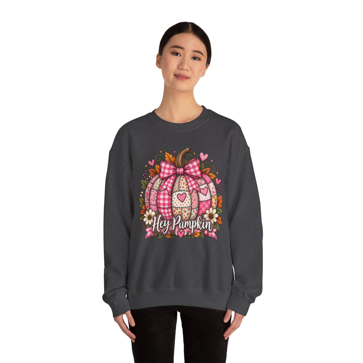 Hey Pumpkin Sweatshirt — Pink Plaid Pumpkin Crewneck for Fall & Valentine’s