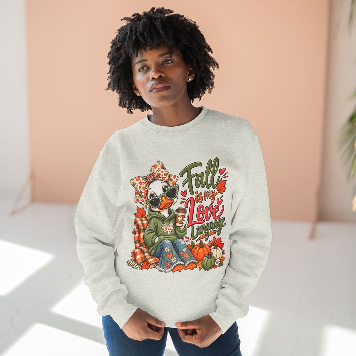 Fall Is My Love Language Sweatshirt — Cozy Autumn Duck Design with Pumpkins