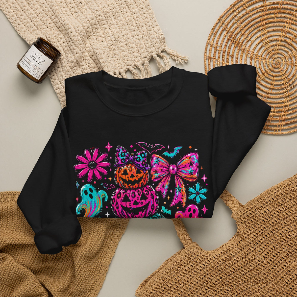 Spooky Season Sweatshirt — Colorful Neon Halloween Pumpkin & Ghost Crewneck