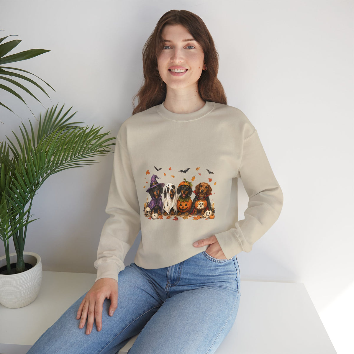 Halloween Dogs Crewneck Sweatshirt — Cute Pups in Witch Hats & Jack‑o’‑Lanterns