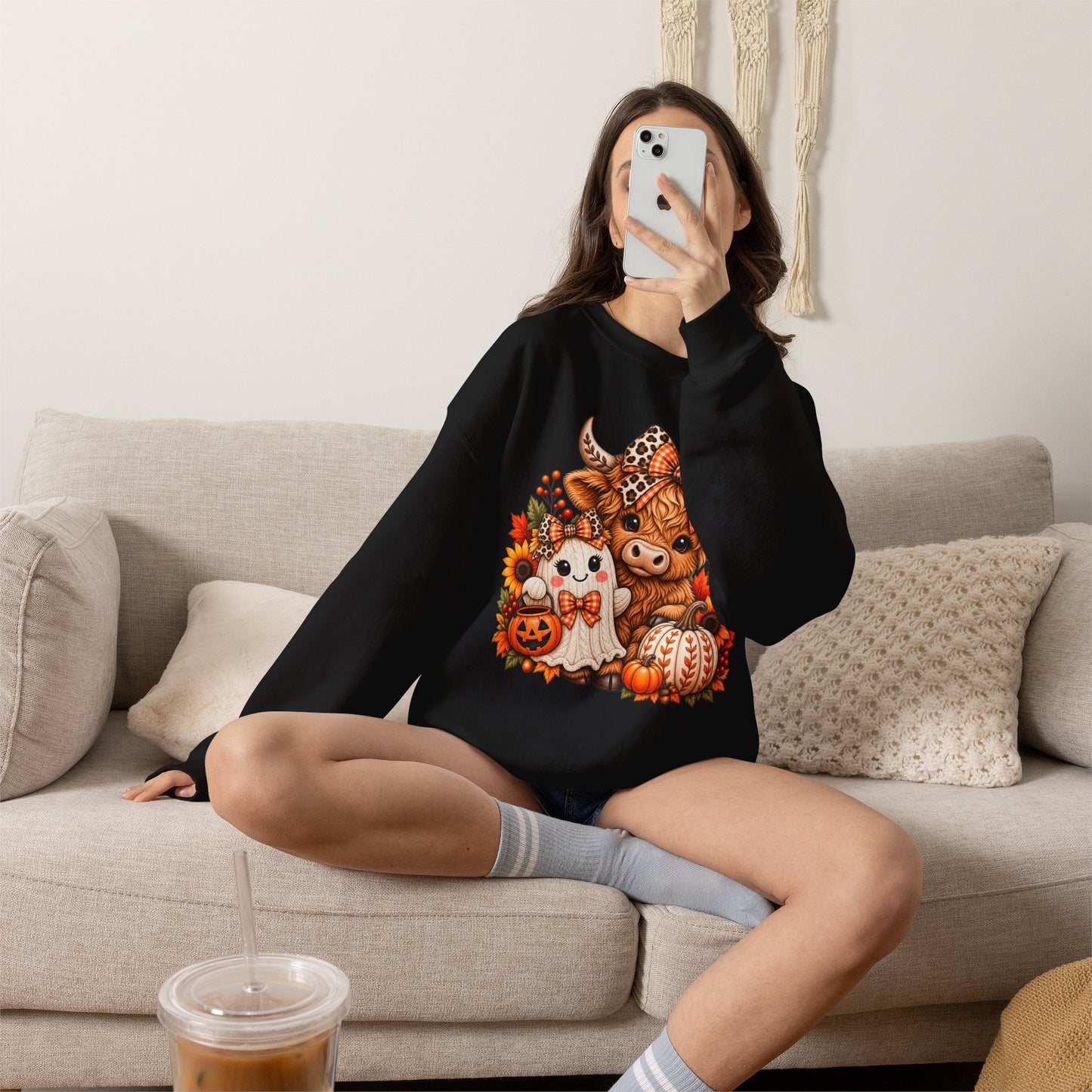 Autumn Highland Cow & Ghost Crewneck Sweatshirt — Cute Halloween Fall Graphic