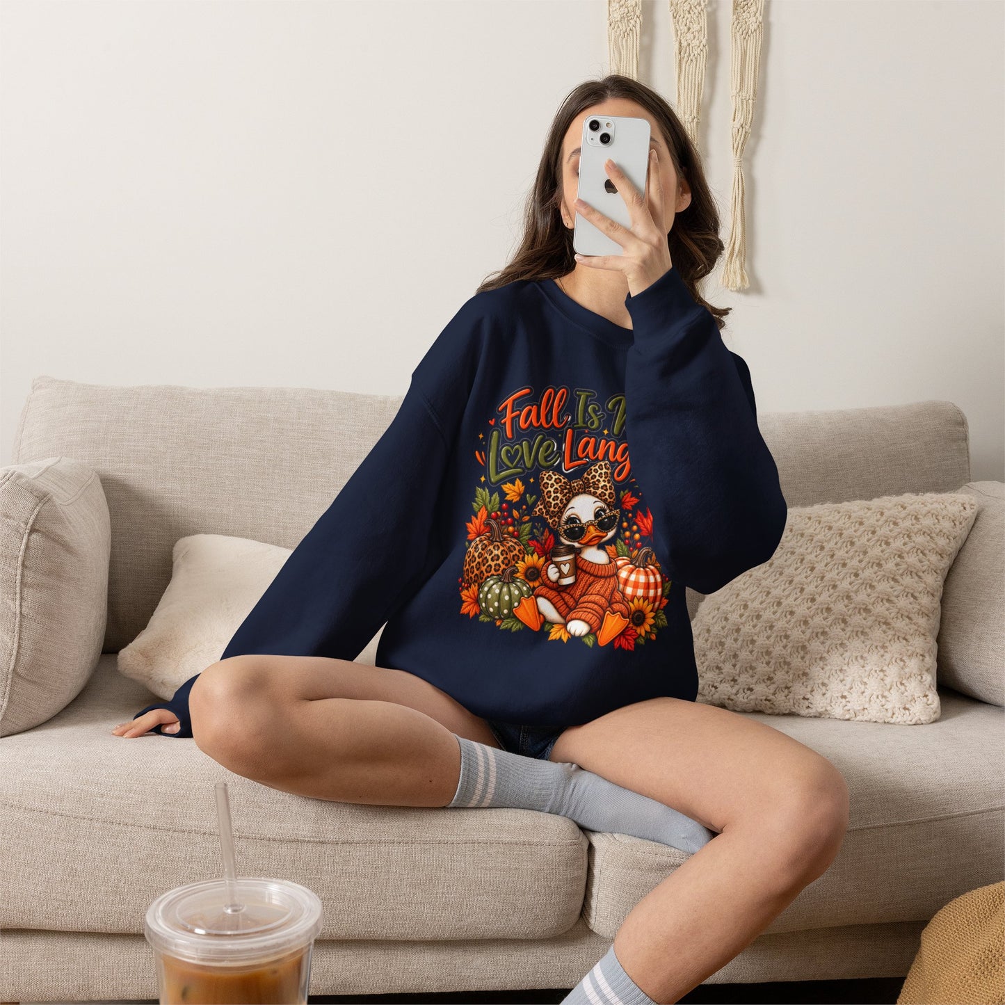 Fall Is My Love Language Duck Sweatshirt — Cute Autumn Duck & Pumpkins Crewneck