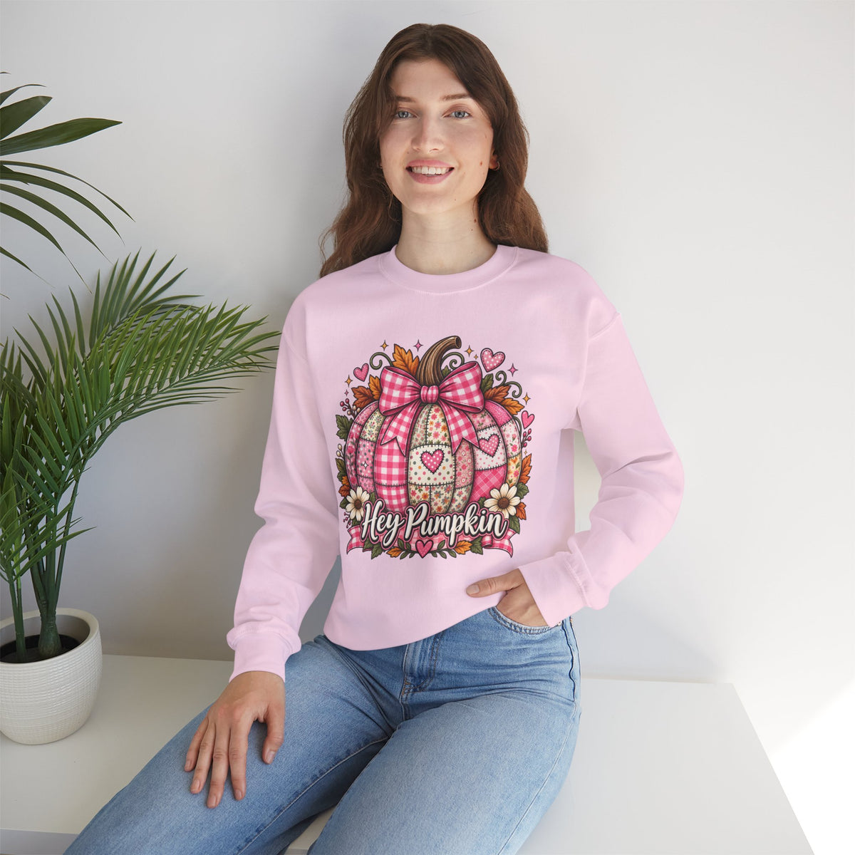 Hey Pumpkin Sweatshirt — Pink Plaid Pumpkin Crewneck for Fall & Valentine’s