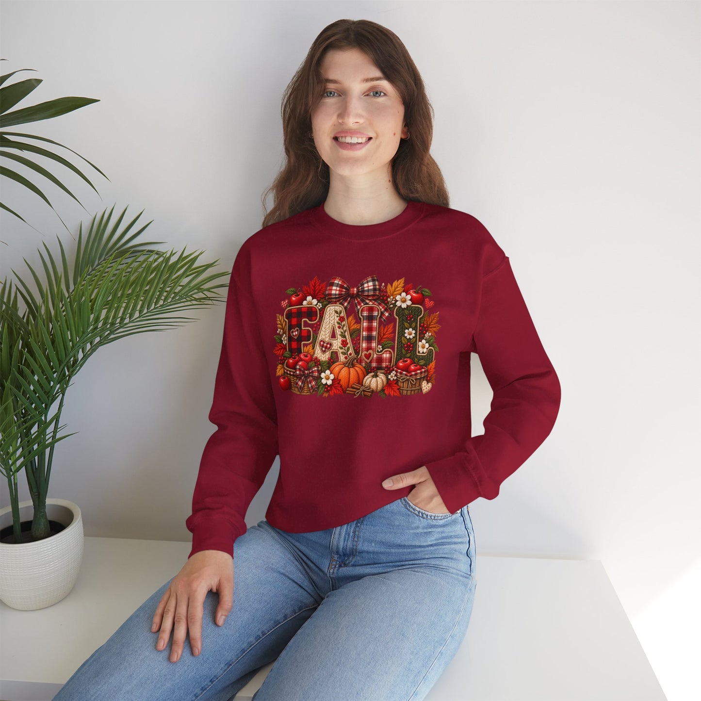Fall Farmhouse Crewneck Sweatshirt — Pumpkin, Plaid & Autumn Decor Graphic
