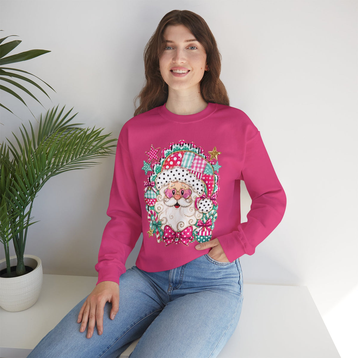 Pink Patchwork Santa Sweatshirt — Cute Christmas Crewneck for Women & Kids