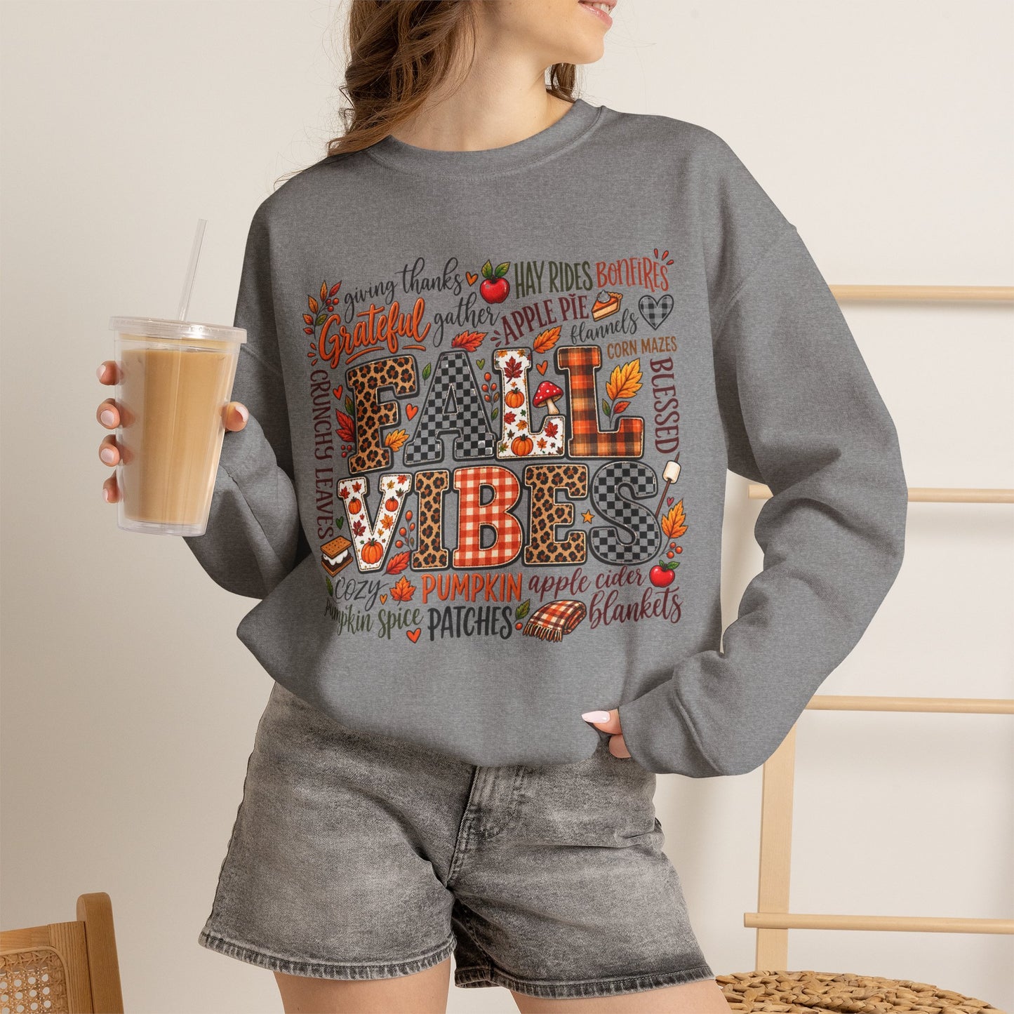 Fall Vibes Crewneck Sweatshirt — Autumn Leaves, Pumpkins & Cozy Plaid Design