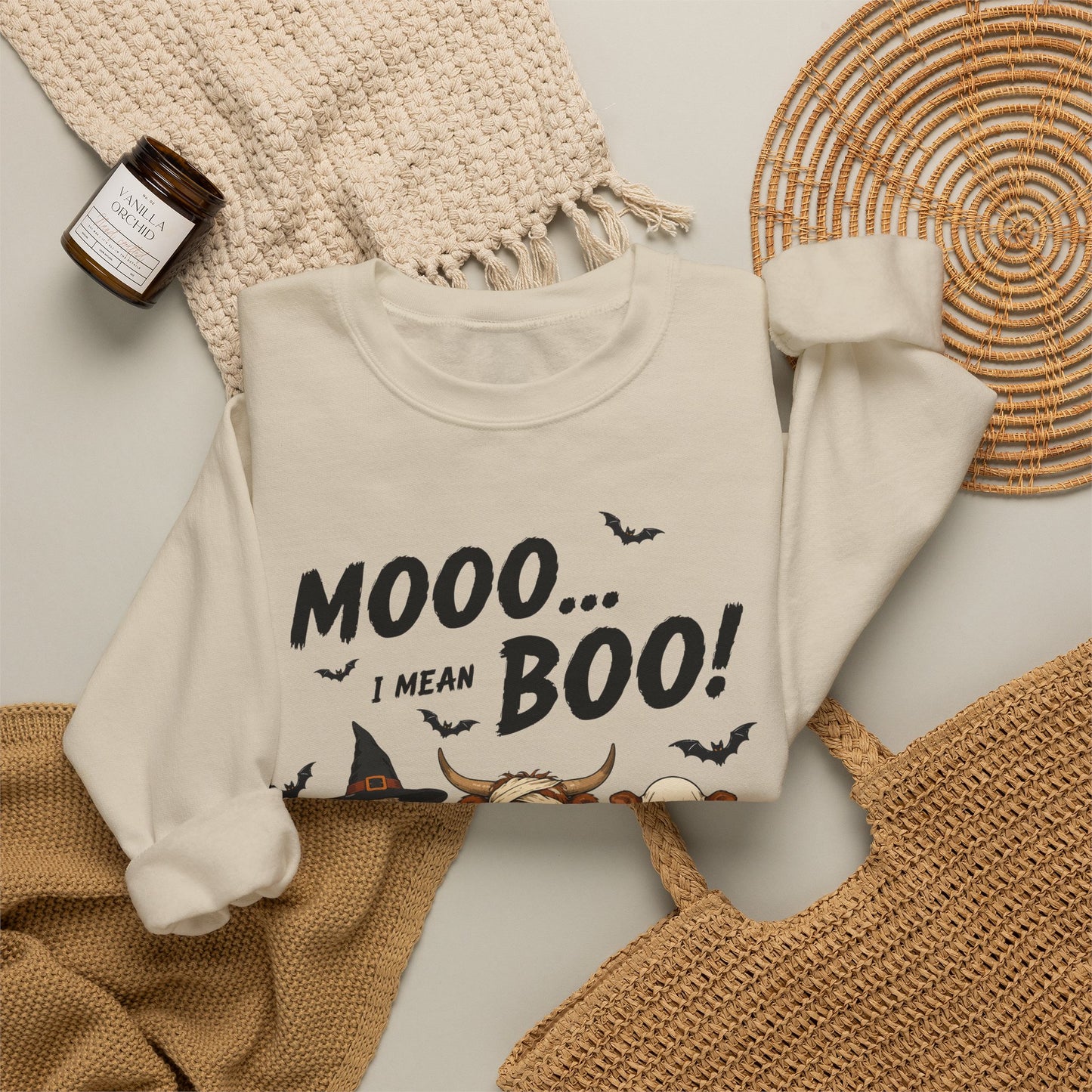 Halloween Cow Crewneck Sweatshirt — "Mooo... I Mean Boo!" Cute Farm Animals Costume Pullover