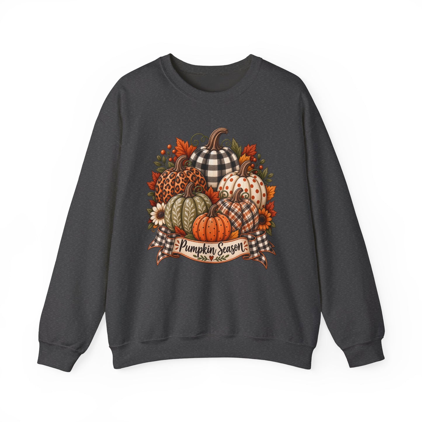 Pumpkin Season Fall Sweatshirt — Plaid & Floral Autumn Pumpkins Crewneck