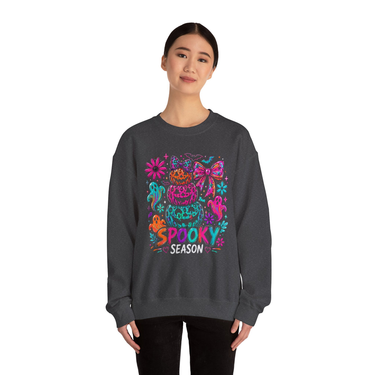Spooky Season Sweatshirt — Colorful Neon Halloween Pumpkin & Ghost Crewneck