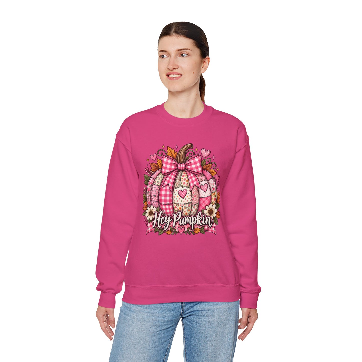 Hey Pumpkin Sweatshirt — Pink Plaid Pumpkin Crewneck for Fall & Valentine’s
