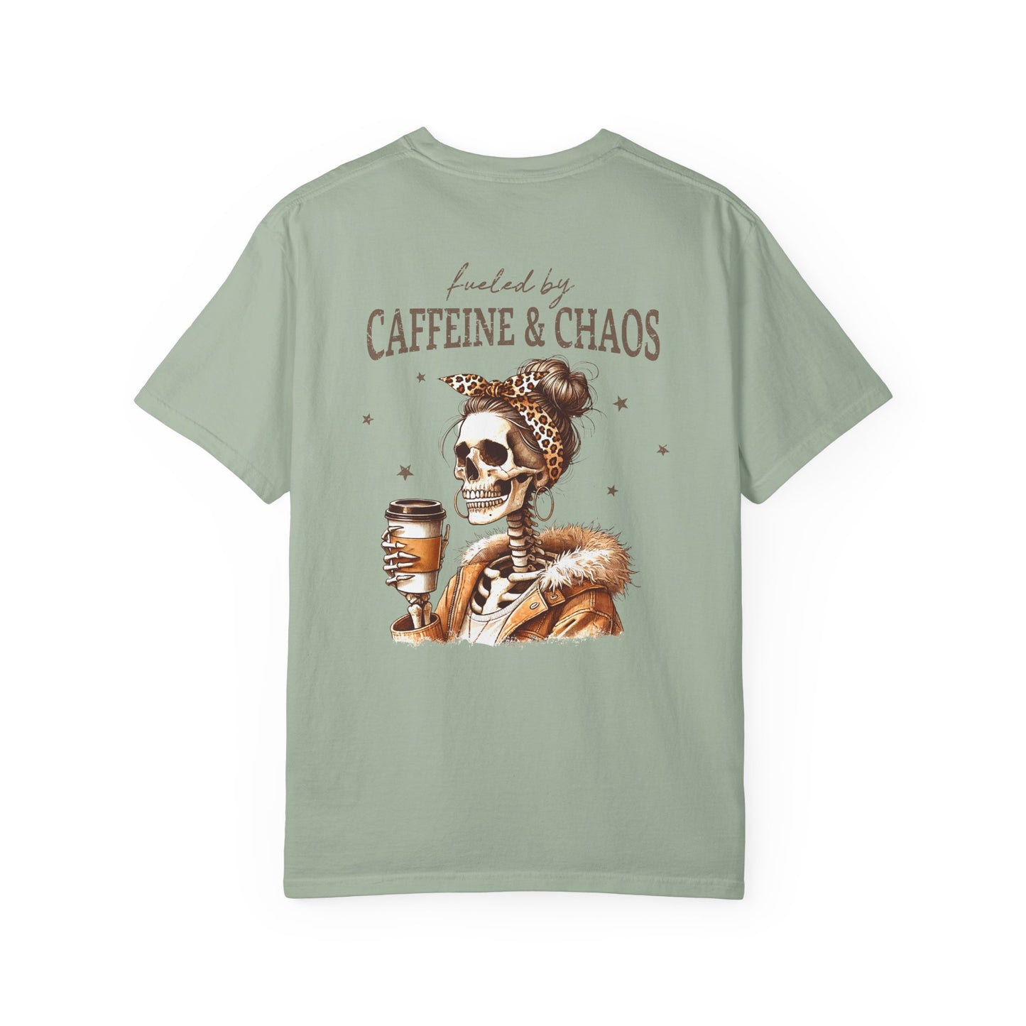 Caffeine & Chaos Skull Tee — Coffee Lover Skeleton Graphic T-Shirt