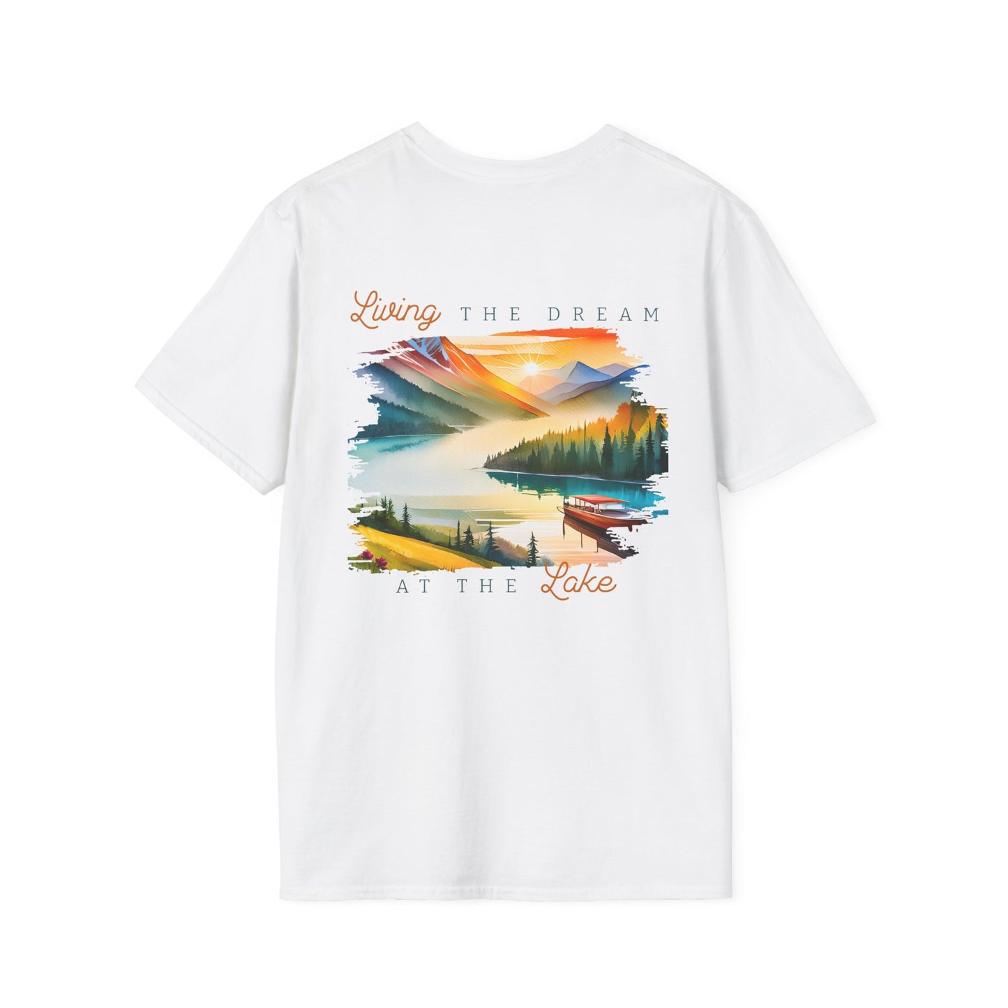 Lake Life T-Shirt — "Living the Dream at the Lake" Boat & Mountain Scene