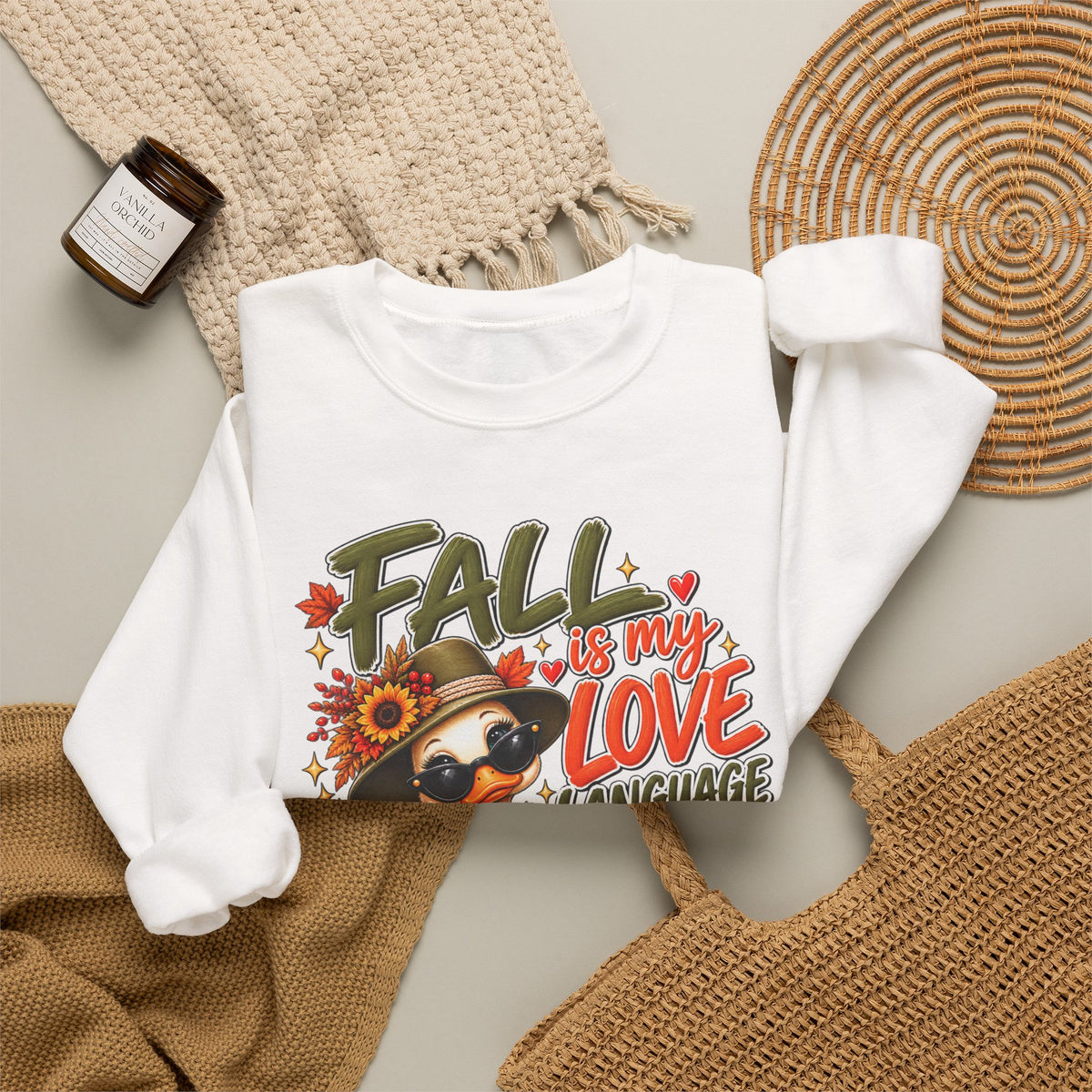 Fall Is My Love Language Sweatshirt — Cute Duck & Pumpkin Autumn Crewneck