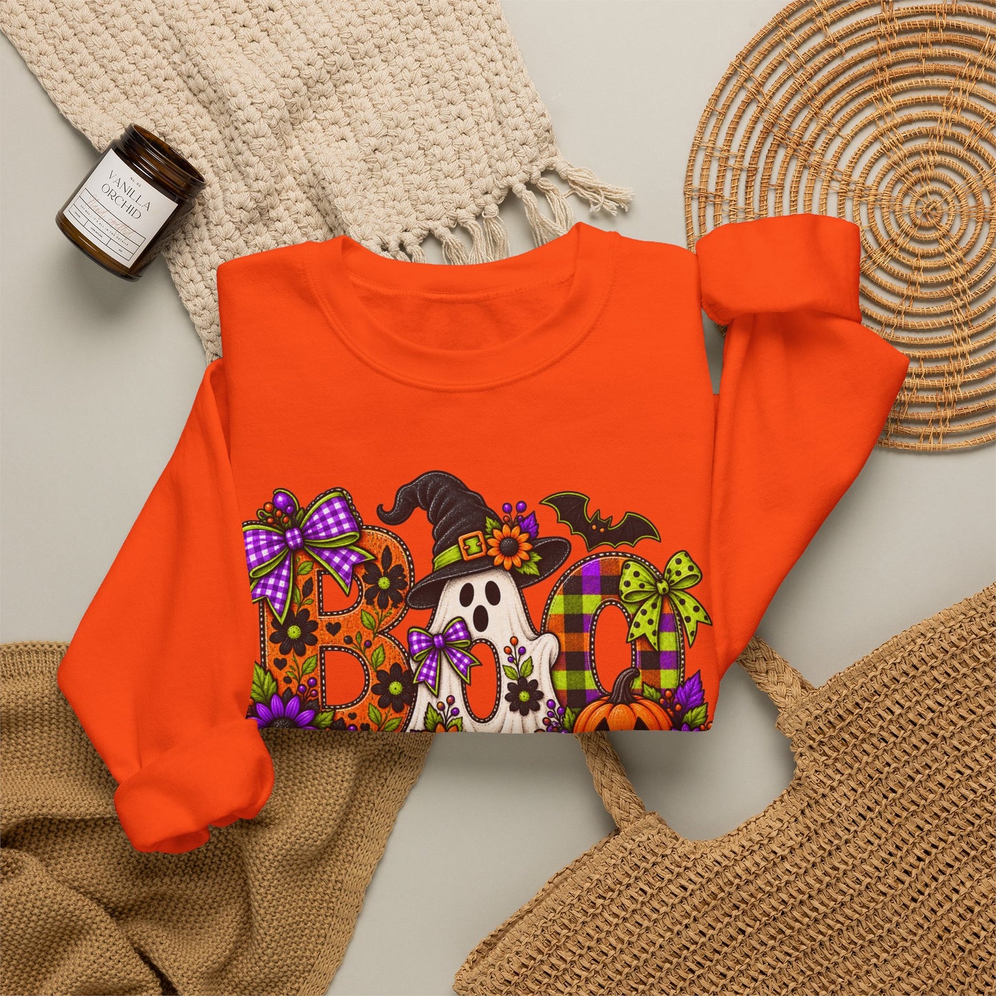 Halloween "BOO!" Crewneck Sweatshirt — Cute Spooky Ghost & Pumpkin Pullover