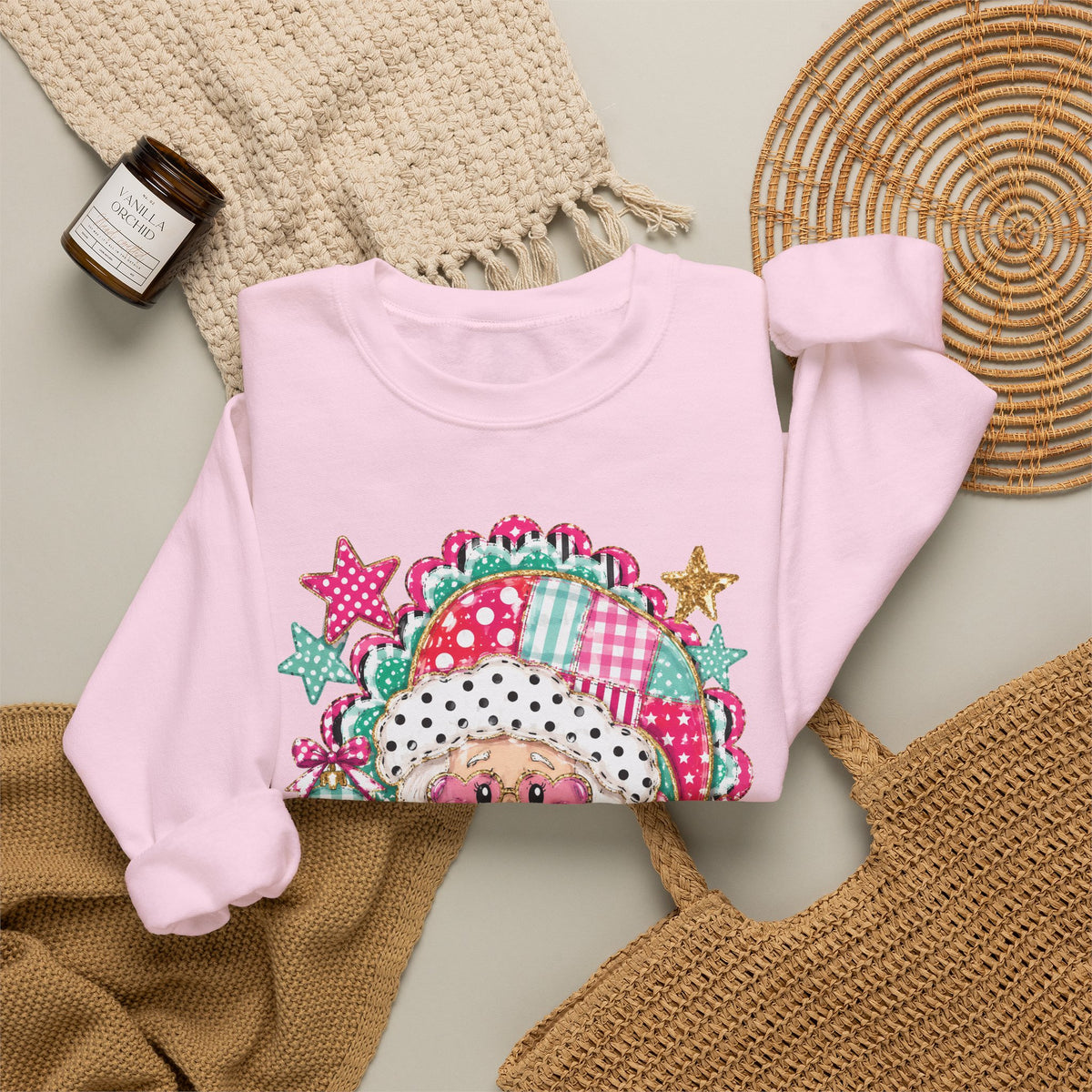 Pink Patchwork Santa Sweatshirt — Cute Christmas Crewneck for Women & Kids