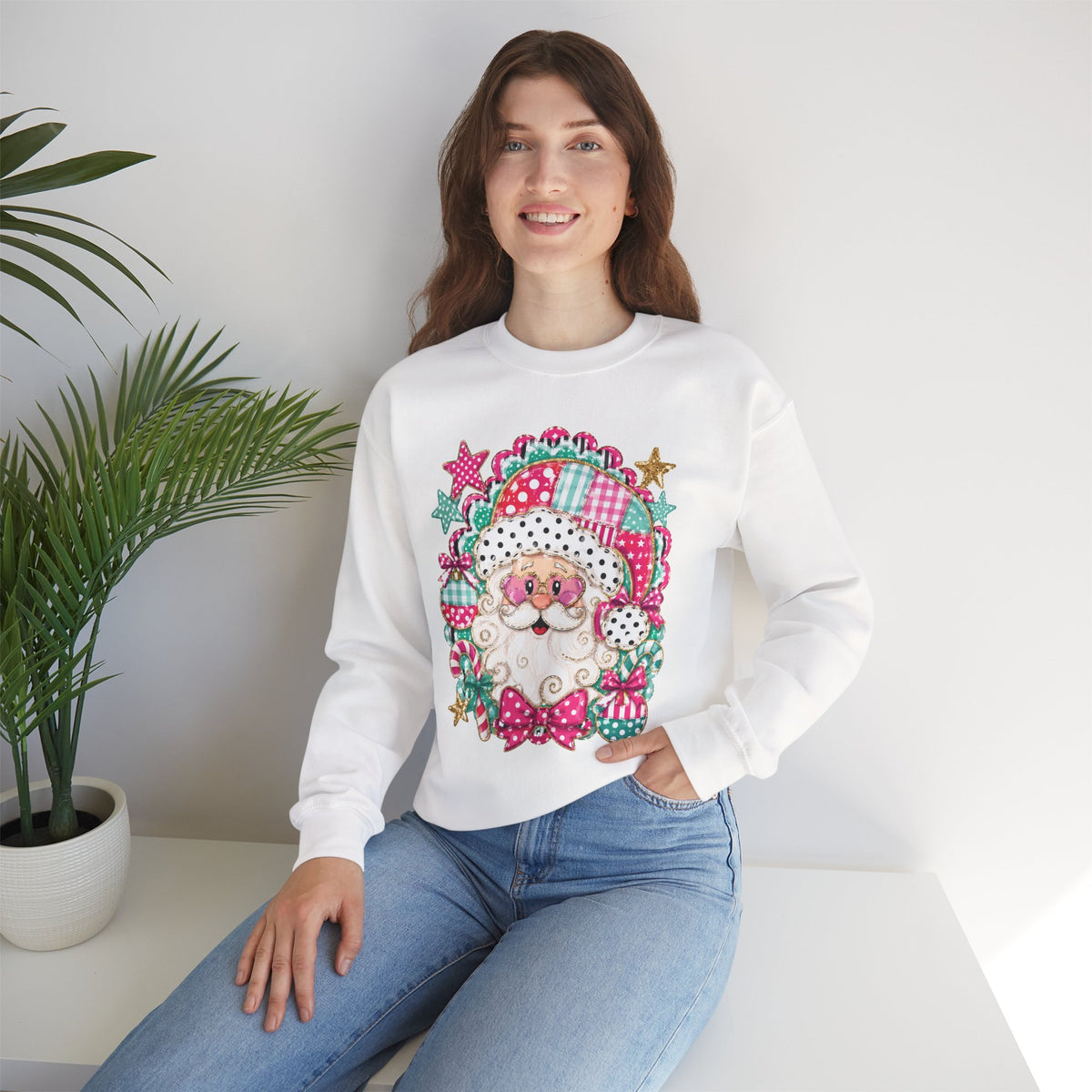 Pink Patchwork Santa Sweatshirt — Cute Christmas Crewneck for Women & Kids