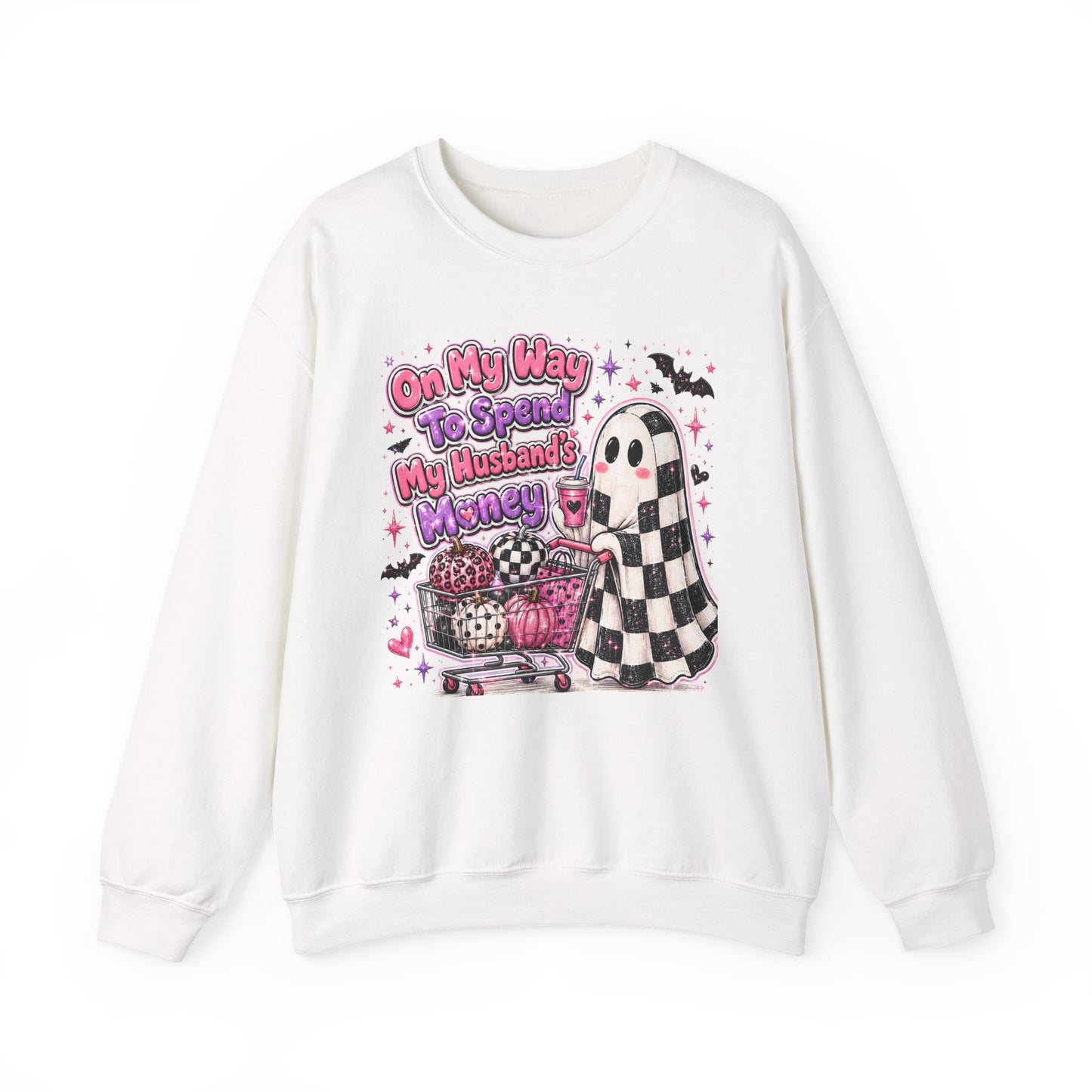 Ghost Shopping Crewneck Sweatshirt — "On My Way to Spend My Husband’s Money" Cute Gothic Halloween Pullover