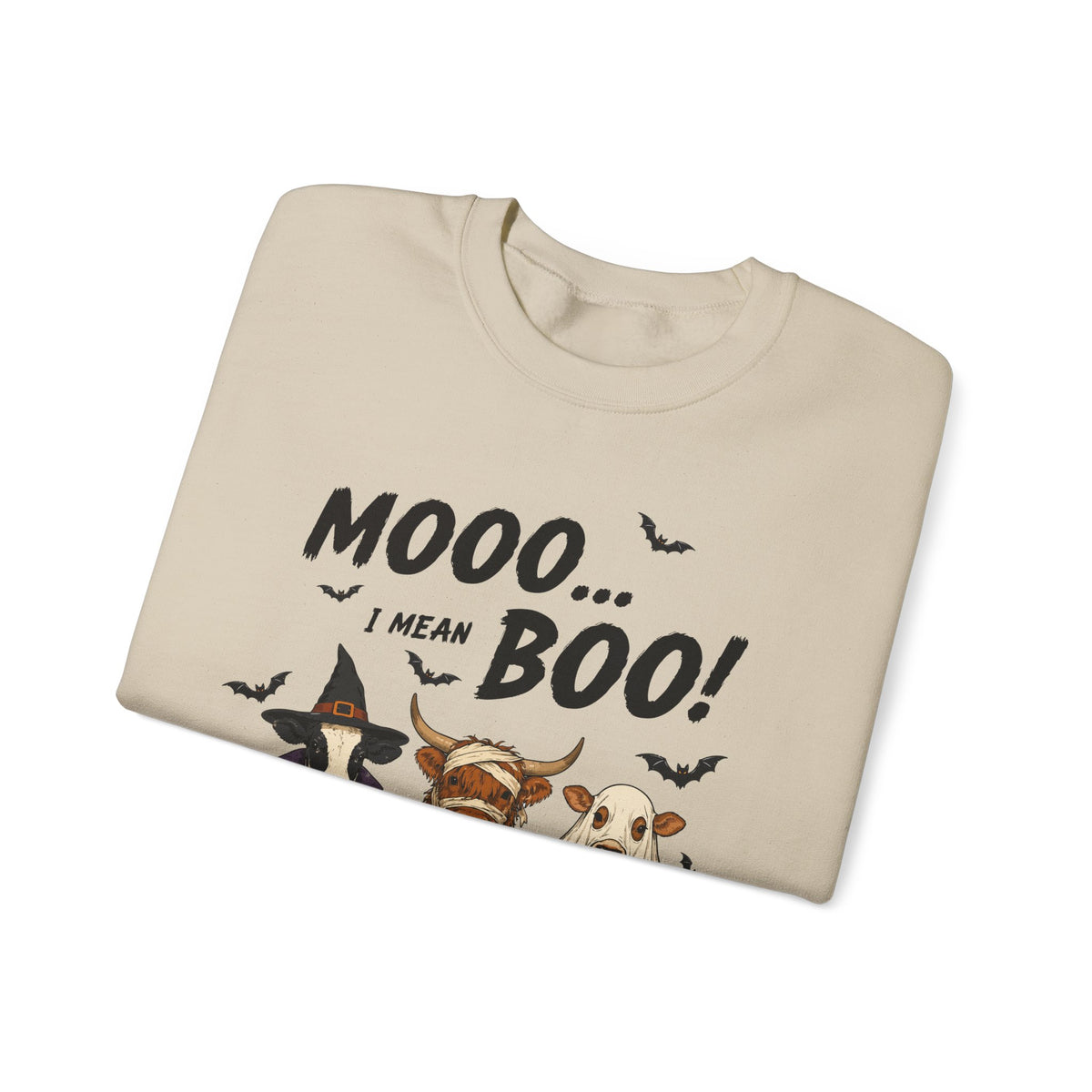Halloween Cow Crewneck Sweatshirt — "Mooo... I Mean Boo!" Cute Farm Animals Costume Pullover