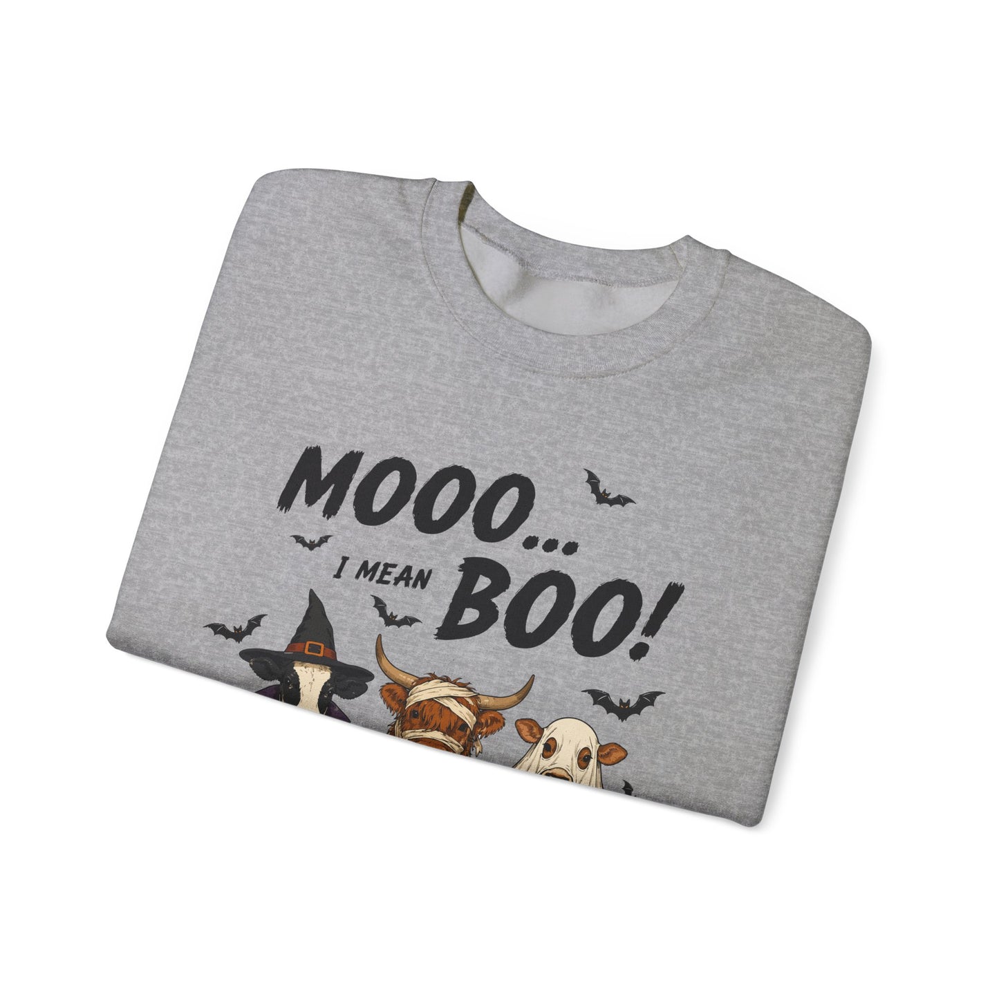 Halloween Cow Crewneck Sweatshirt — "Mooo... I Mean Boo!" Cute Farm Animals Costume Pullover